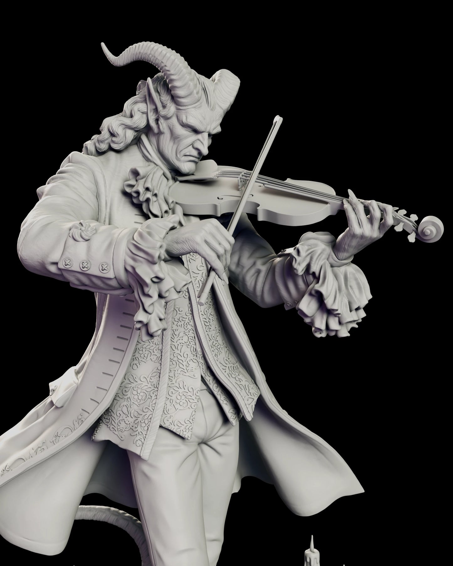 Close view of the bowing arm and embroidered waistcoat of the Il Virtuoso - Paganini figure model kit, showing the lace cuffs, buttoned turnbacks and drawn bow
