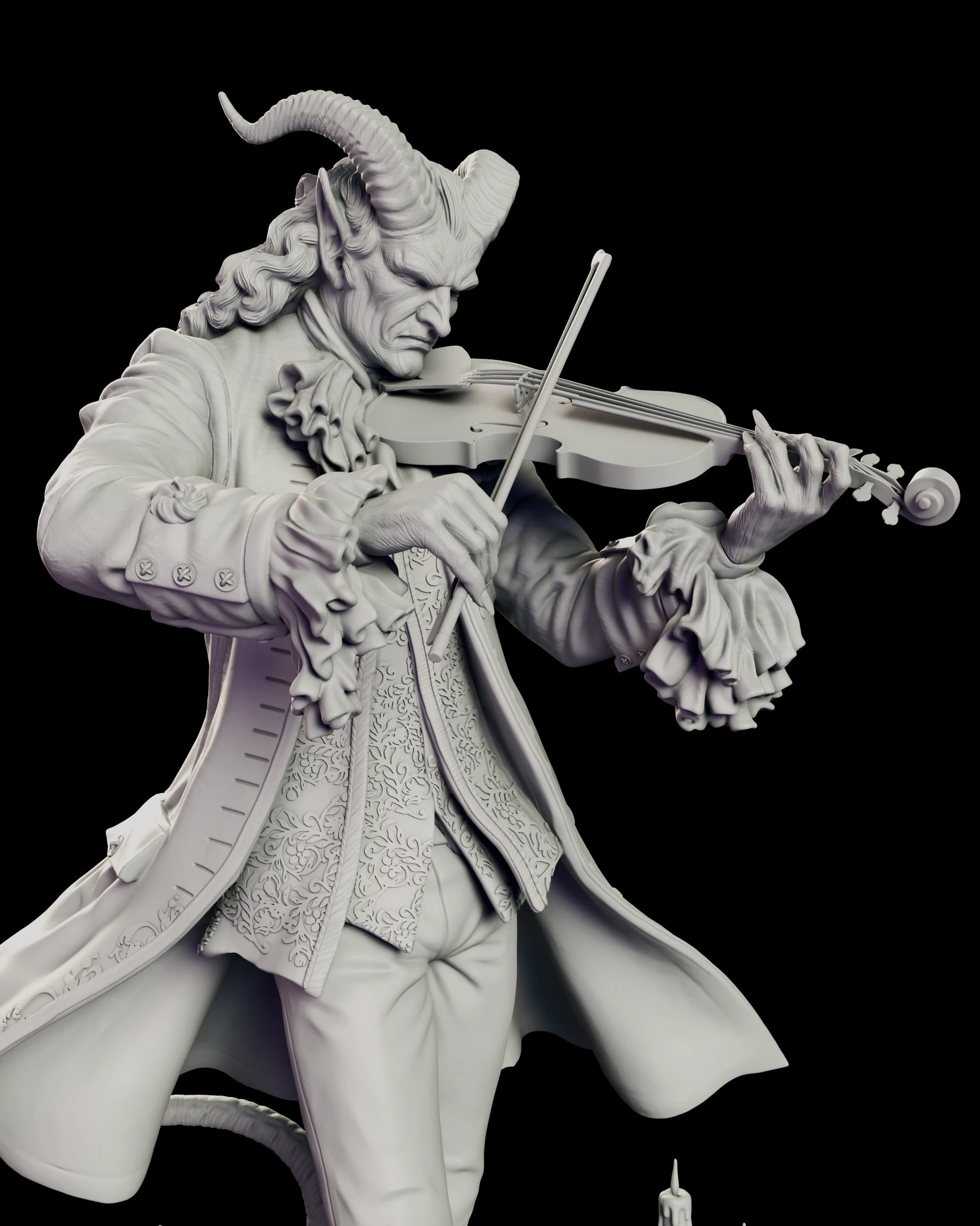 Close view of the bowing arm and embroidered waistcoat of the Il Virtuoso - Paganini figure model kit, showing the lace cuffs, buttoned turnbacks and drawn bow