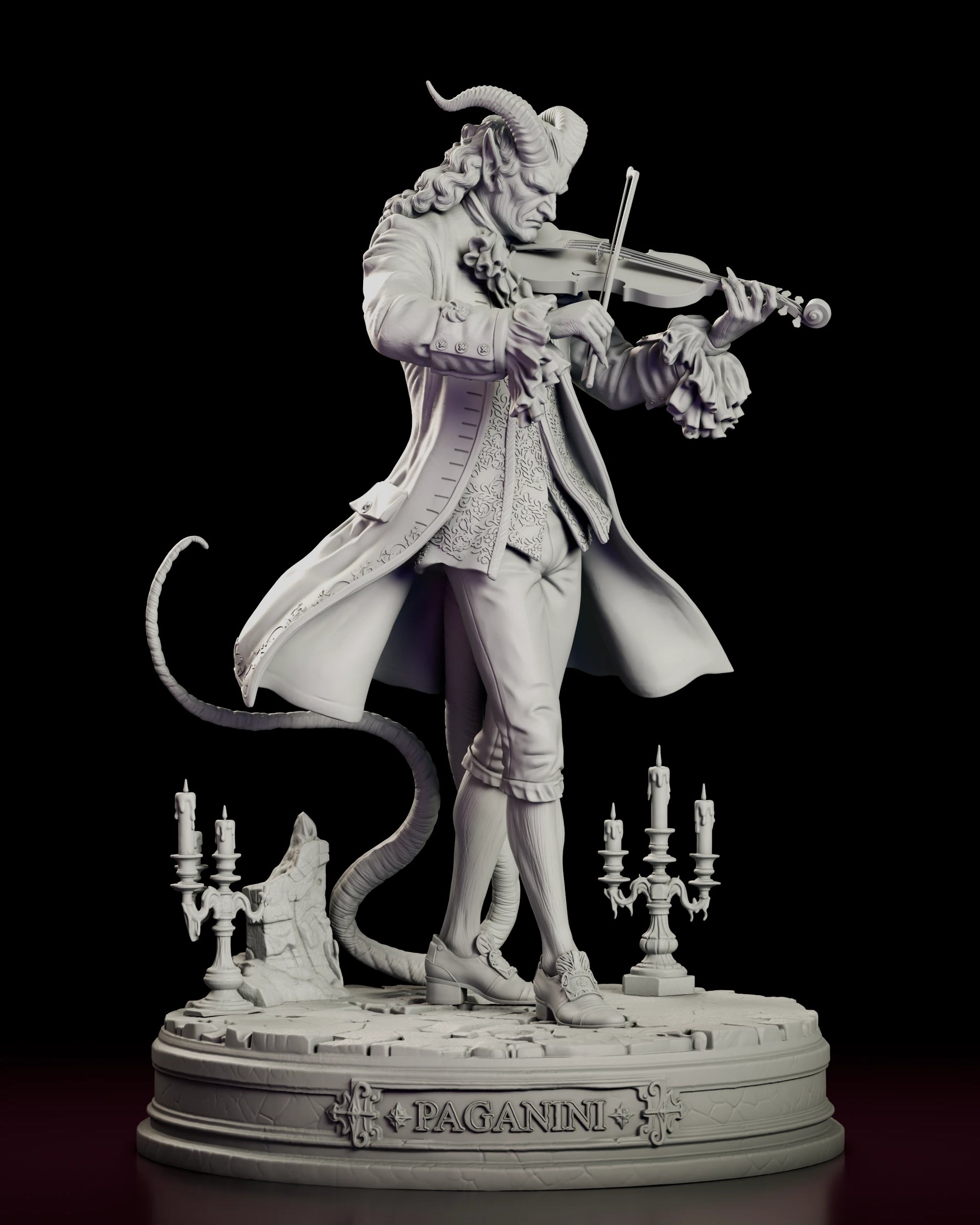 Front view of the Il Virtuoso - Paganini figure model kit playing the violin with his coat sweeping back and his tail curling across the nameplate base