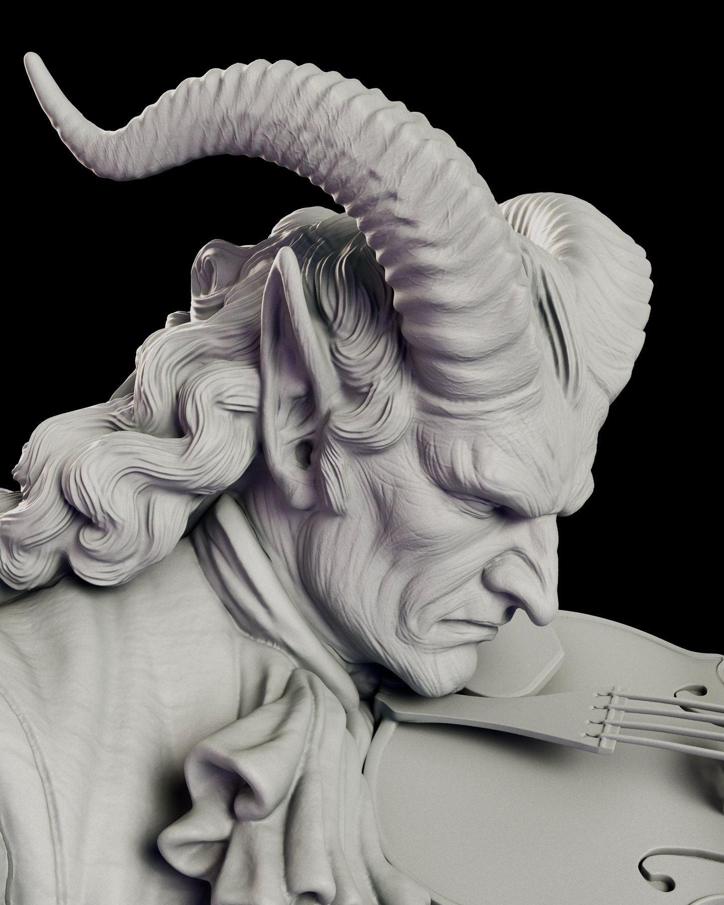 Portrait detail of the Il Virtuoso - Paganini figure model kit, showing the ridged ram horns, pointed ears, deeply lined face and chin resting against the violin