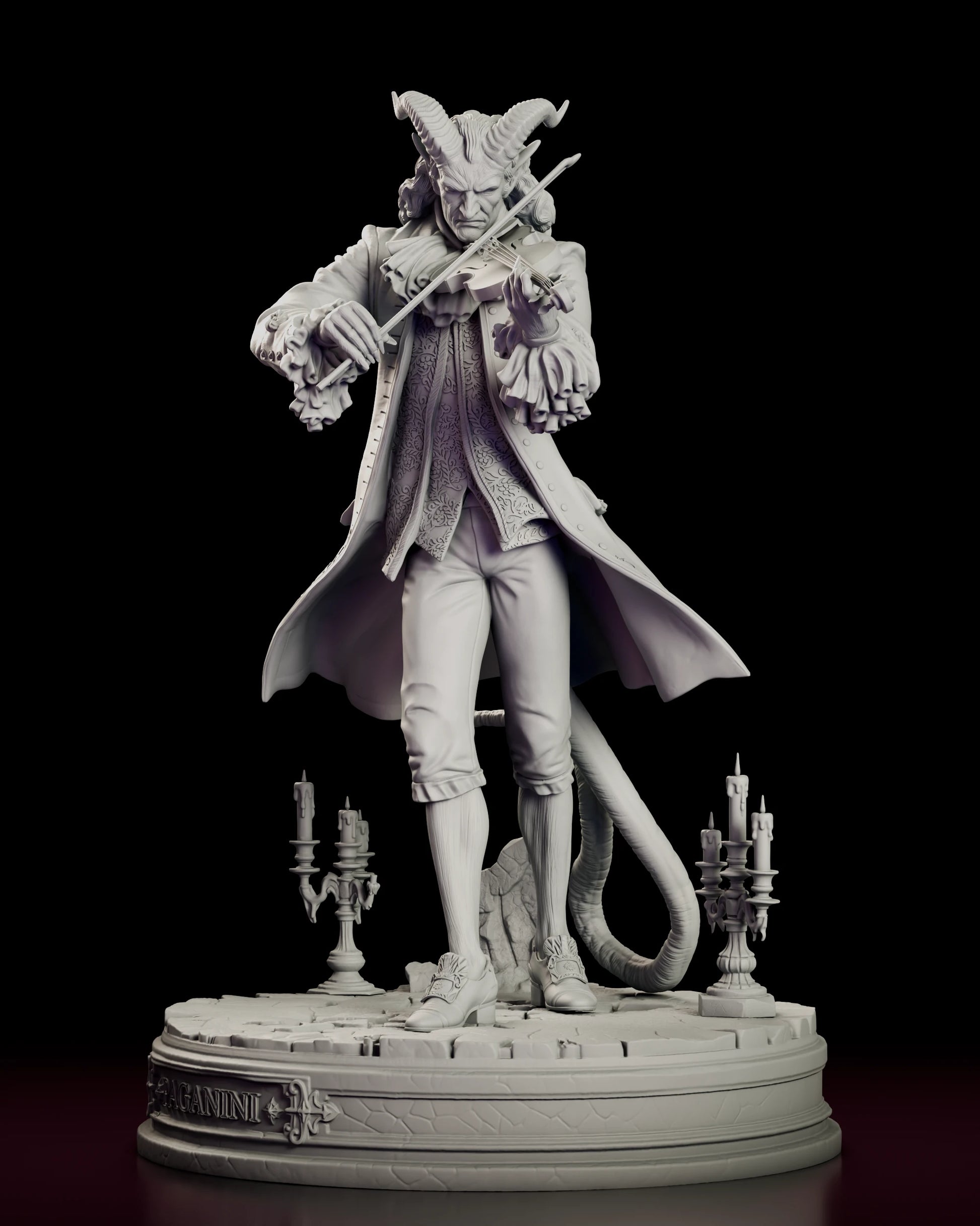 Left side view of the Il Virtuoso - Paganini figure model kit showing the violin, the lace at the cuff and the broken masonry on the base