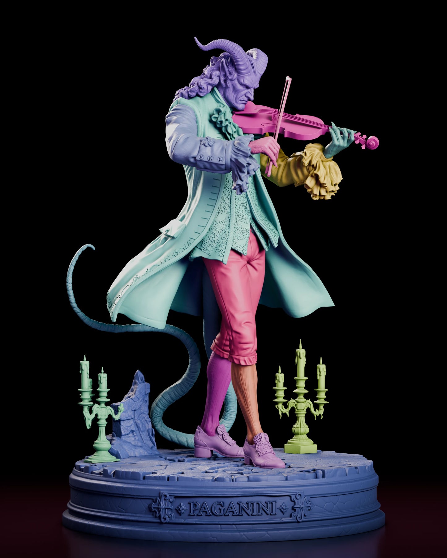 Parts breakdown of the Il Virtuoso - Paganini figure model kit with the head, coat, waistcoat, arms, legs, tail, violin, base and candelabras shown in separate colours