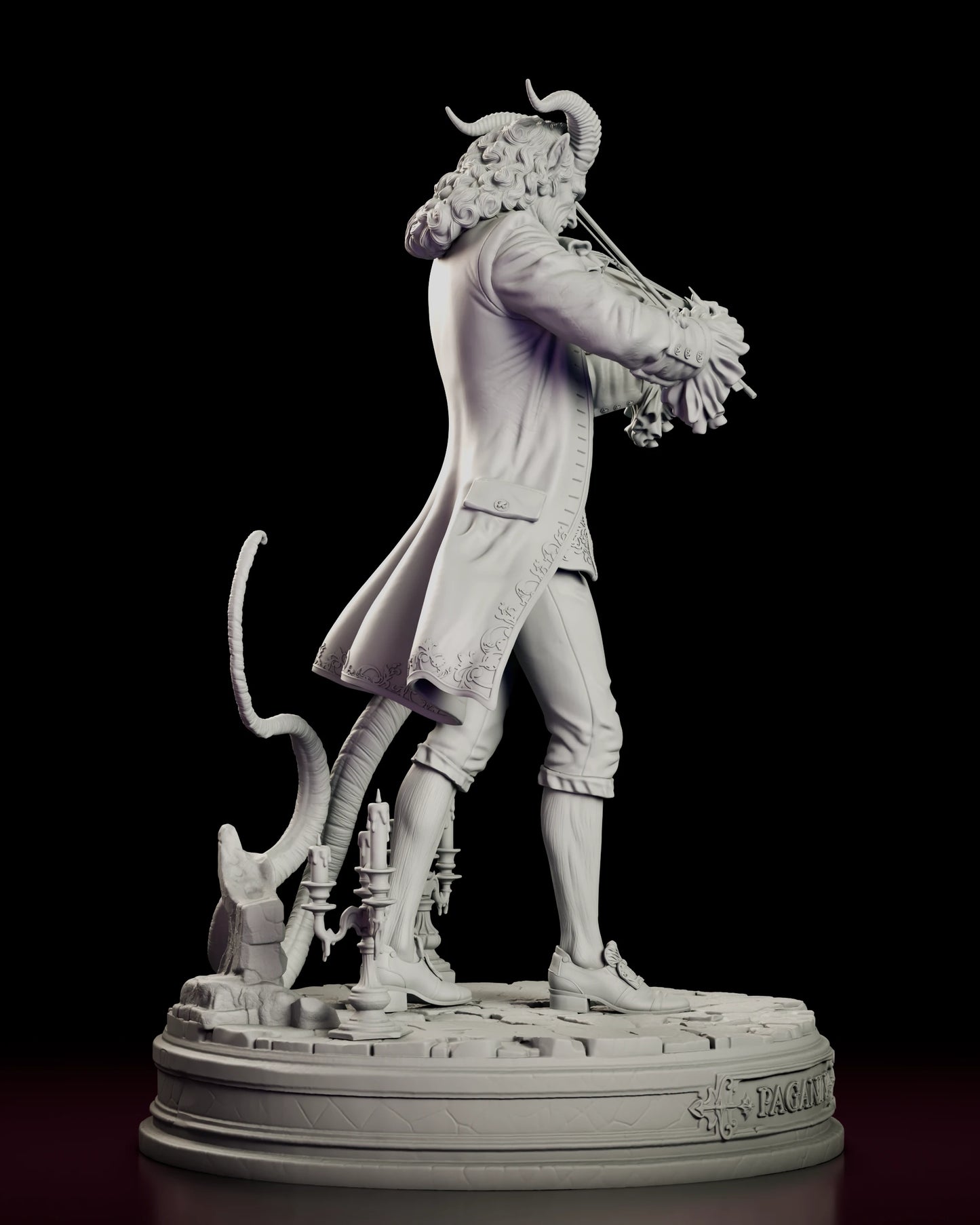 Right side view of the Il Virtuoso - Paganini figure model kit showing the bowing arm, flowing coat hem and candelabra at the edge of the base