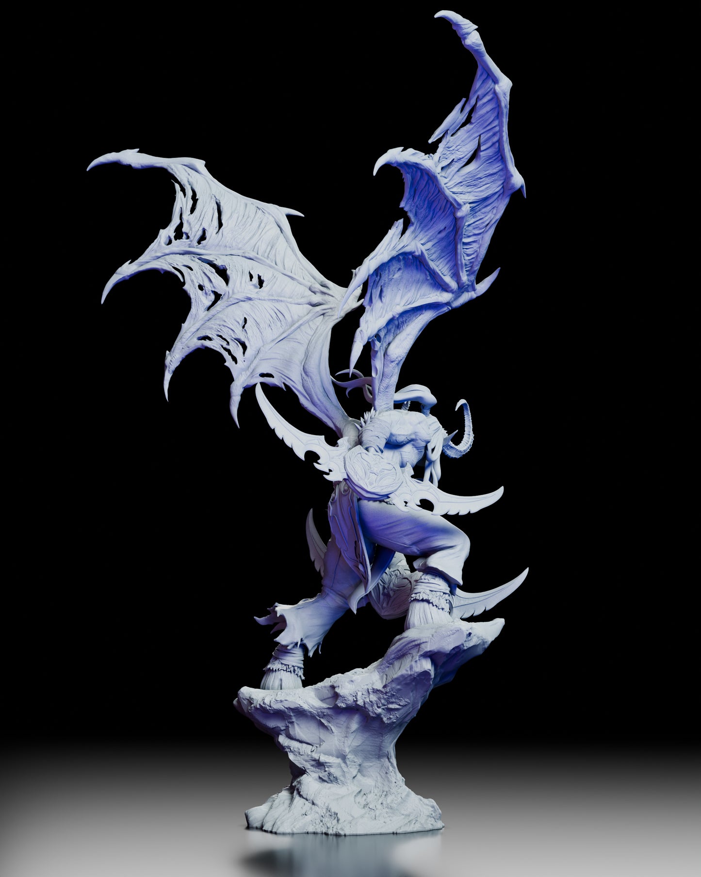 Back view of the Illidan Stormrage figure kit showing the massive torn wings and elevated rocky base.
