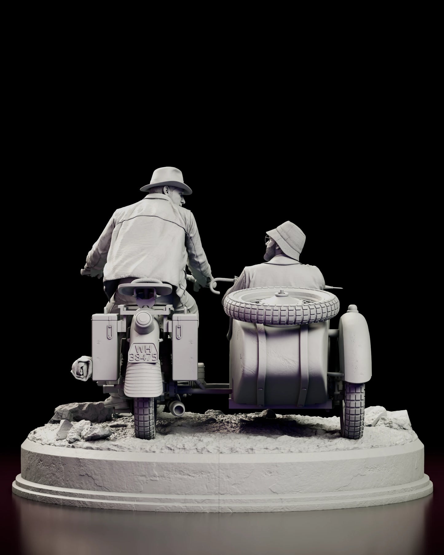 Rear view of the Indiana Jones motorcycle chase figure model kit, showing both riders from behind with the spare tyre and fuel bottle on the sidecar