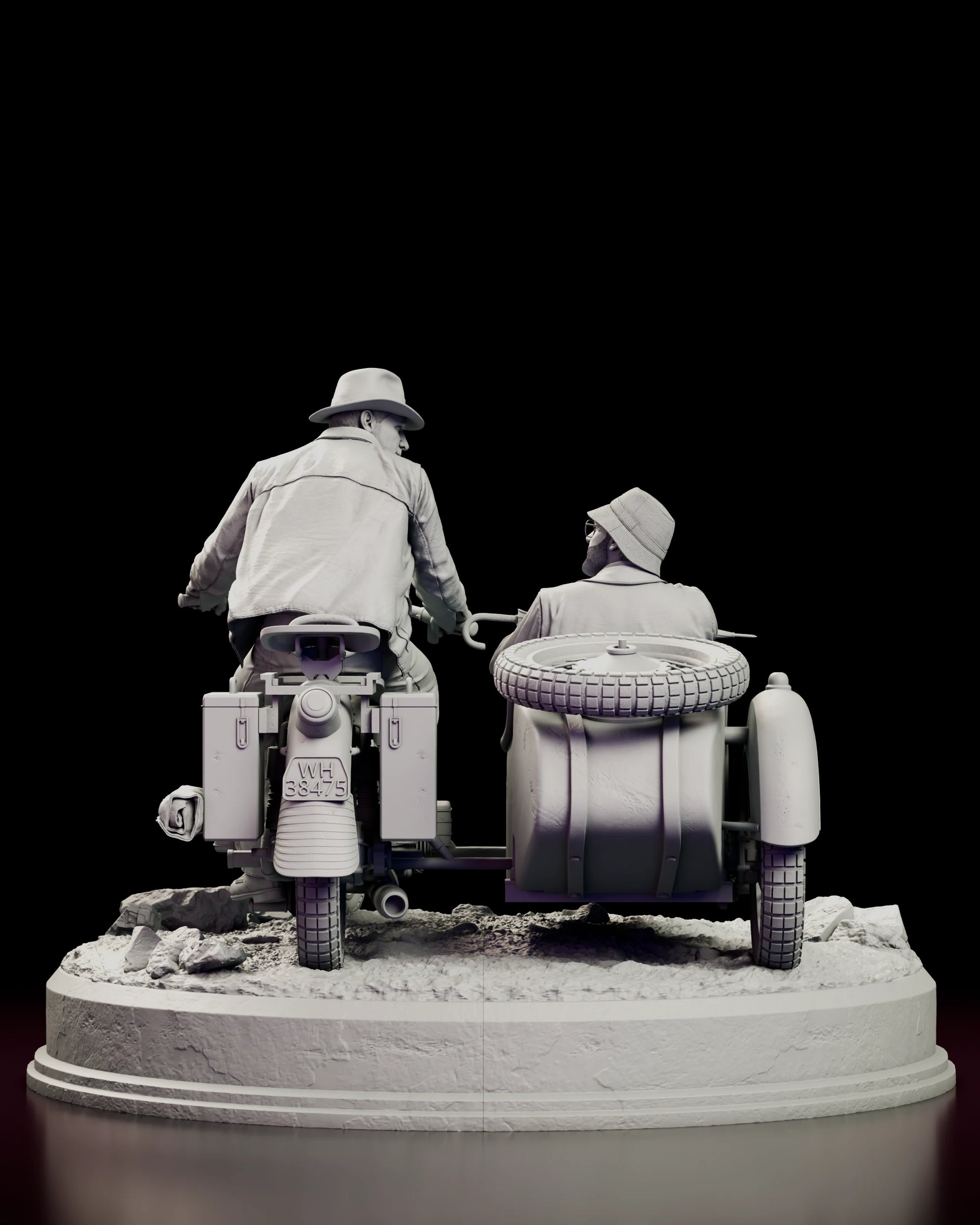 Rear view of the Indiana Jones motorcycle chase figure model kit, showing both riders from behind with the spare tyre and fuel bottle on the sidecar