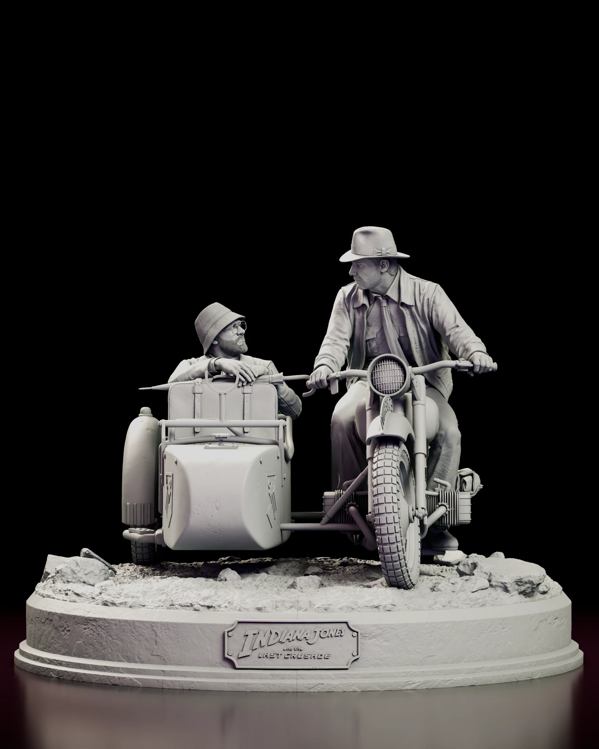 Front view of the Indiana Jones motorcycle chase figure model kit, showing the motorcycle and sidecar head on with the title plaque set into the base