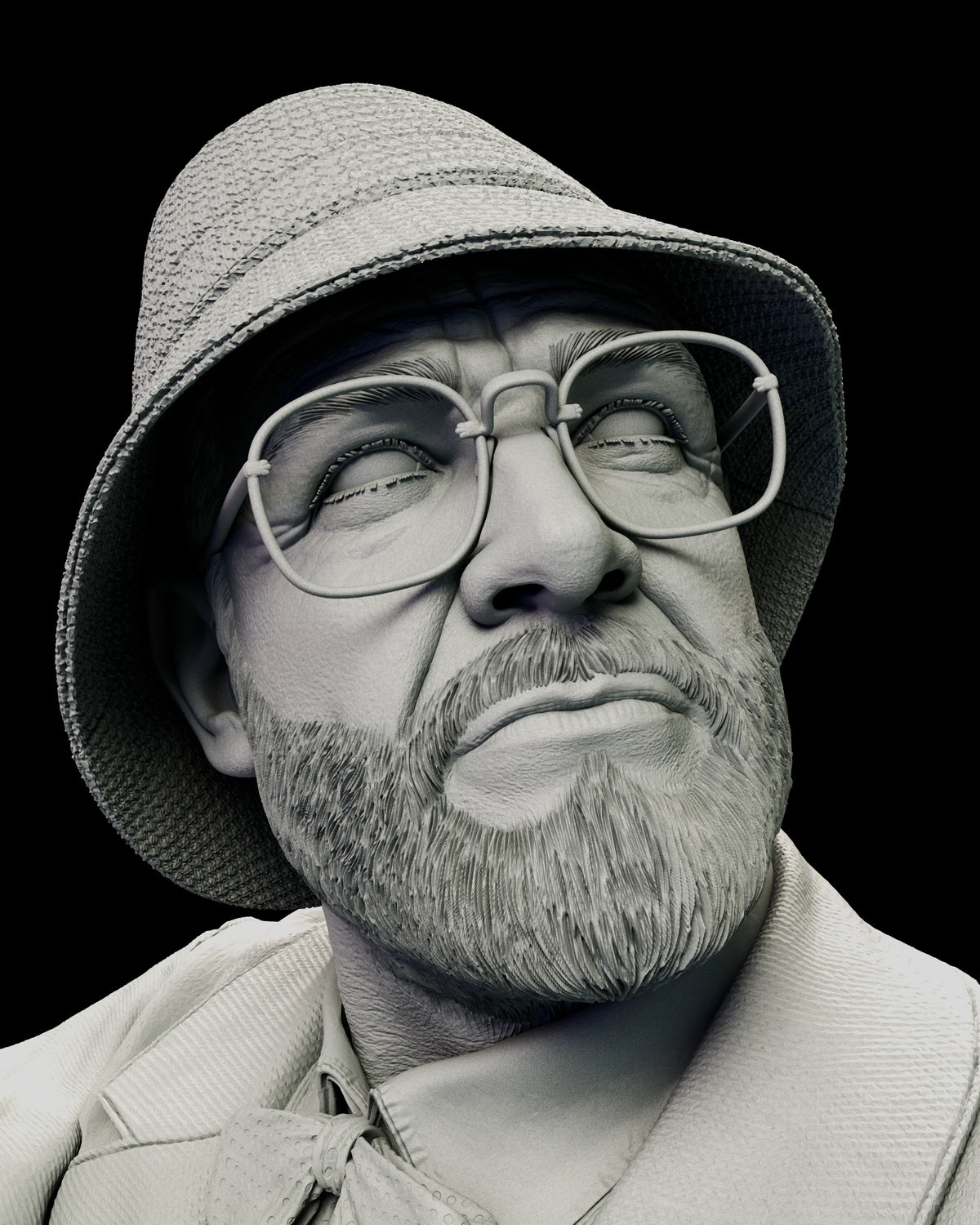 Portrait detail of Henry Jones Senior in a soft woven hat and round spectacles, with the sculpted beard and creased brow tipped upward