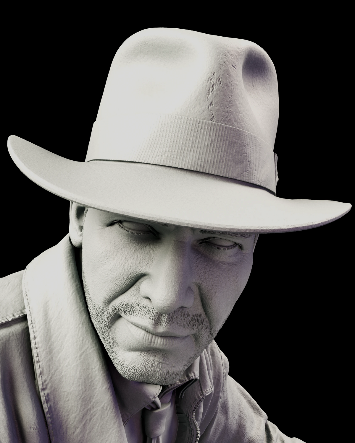 Portrait detail of Indiana Jones under the crushed brim of his fedora, showing the sculpted stubble, jaw and open jacket collar