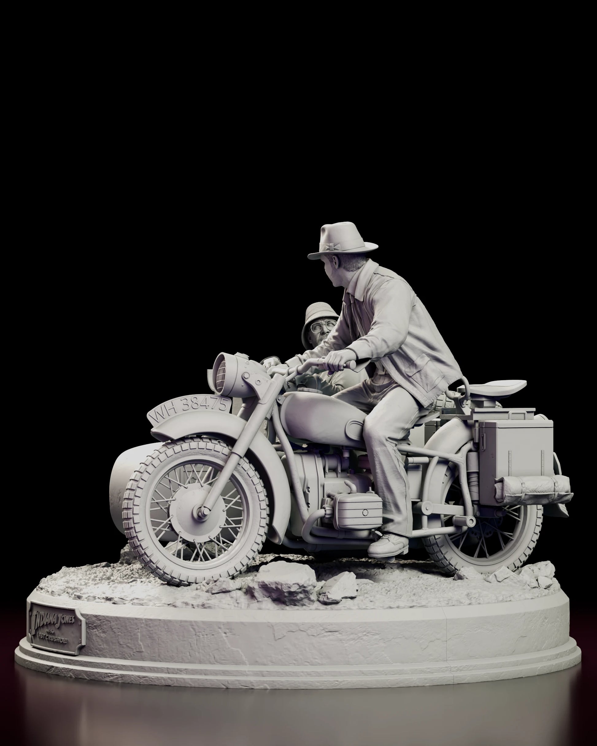 Left side view of the Indiana Jones motorcycle chase figure model kit, showing the engine, pannier boxes and the number plate on the front mudguard