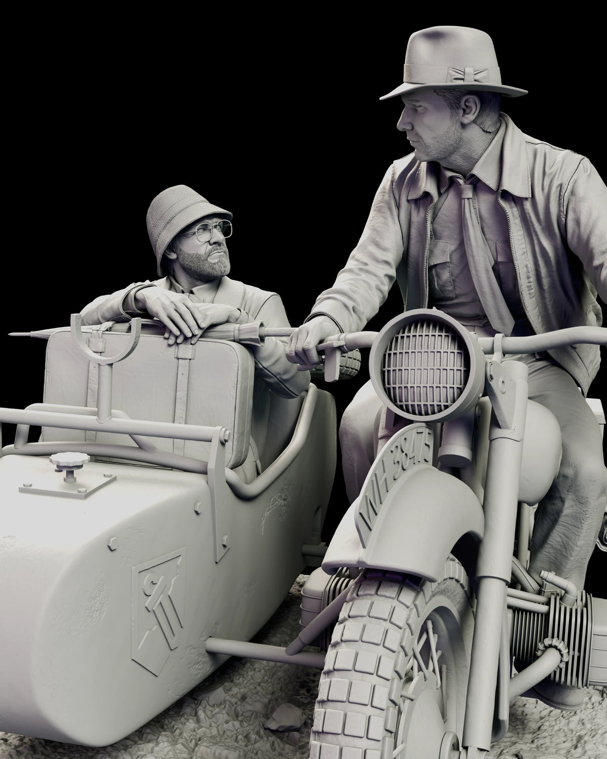 Close detail of the caged headlamp, finned engine, spoked wheel and strapped travelling case in the sidecar, with both figures turned toward each other