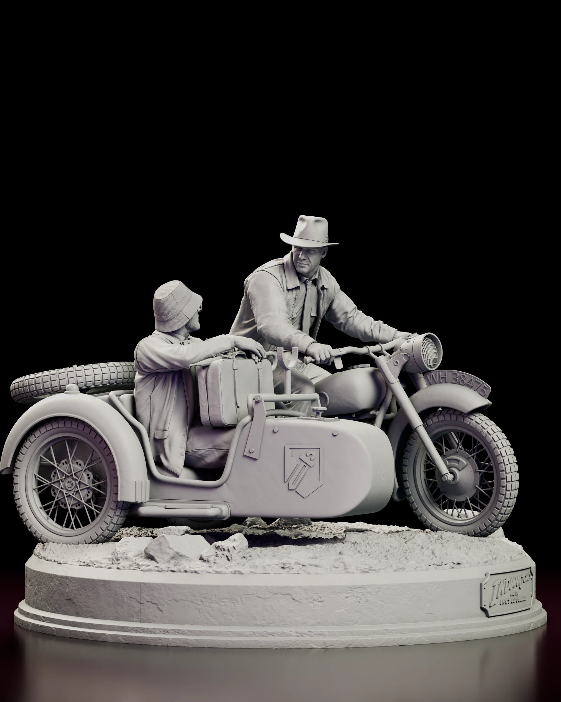 Right side view of the Indiana Jones motorcycle chase figure model kit, showing the full length of the motorcycle and the sidecar with its spare tyre