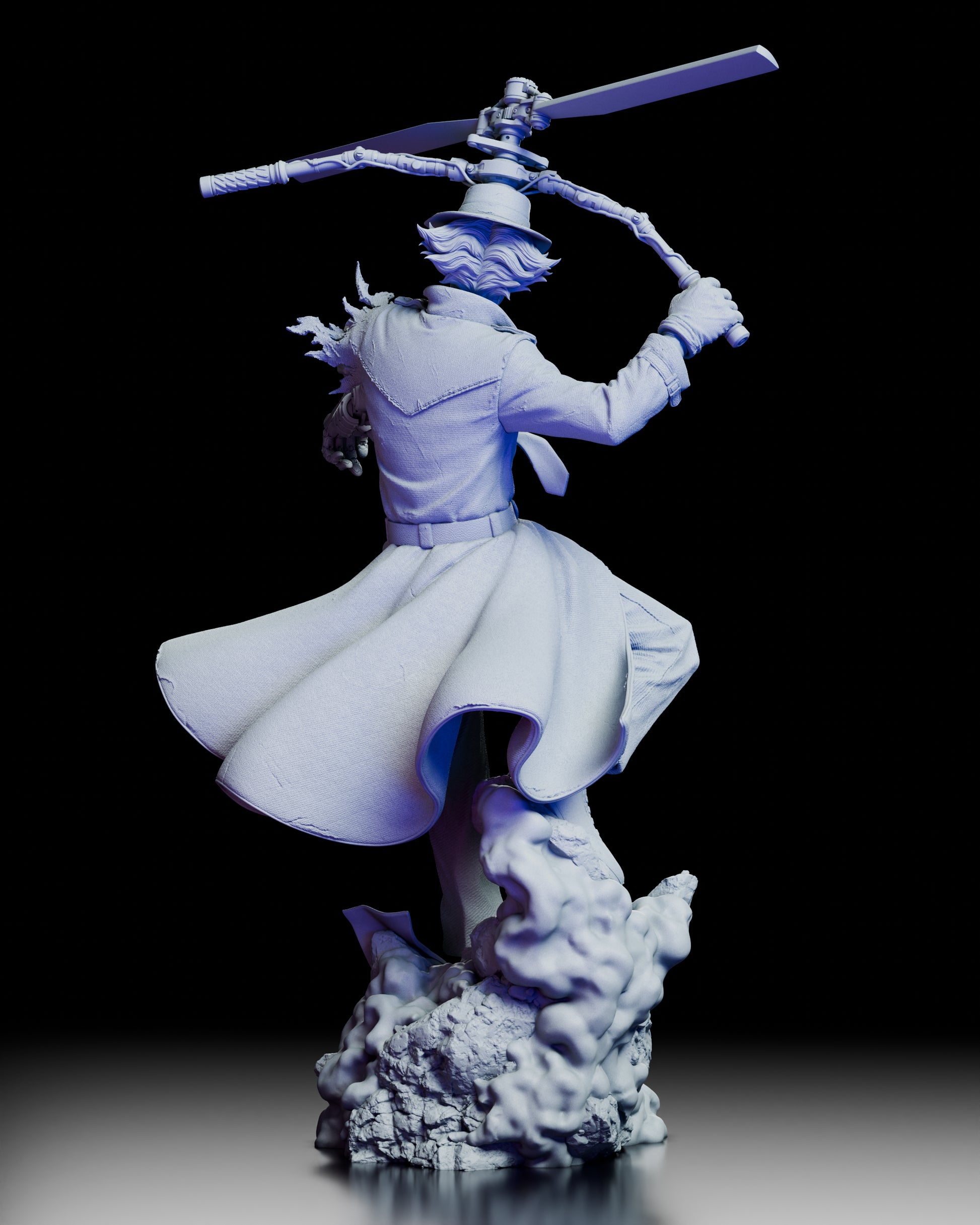 Back view of the Inspector Gadget figure kit showing the sweeping coat and propeller assembly in a dynamic airborne pose.
