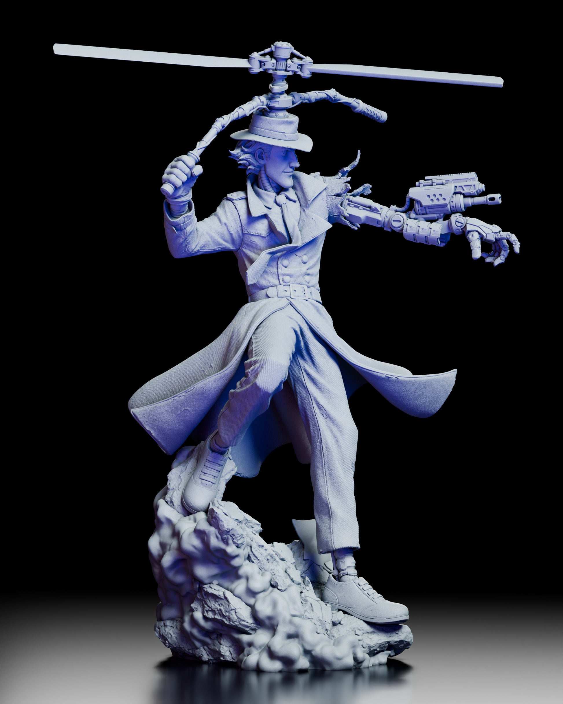 Right side profile of the Inspector Gadget figure kit featuring the rotating propeller assembly and detailed resin sculpting.
