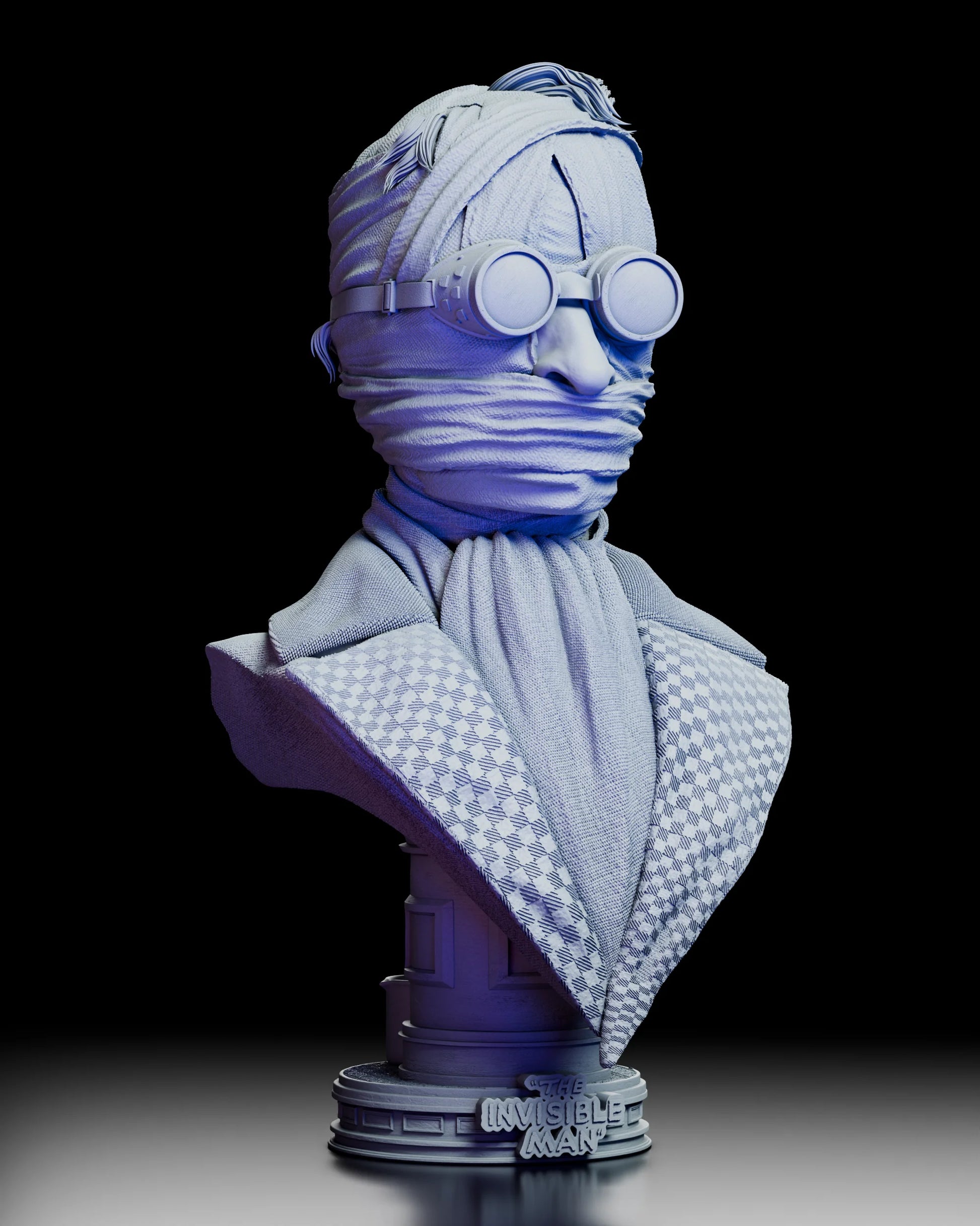 The Invisible Man portrait bust with iconic bandaged head and goggles, sculpted in high detail