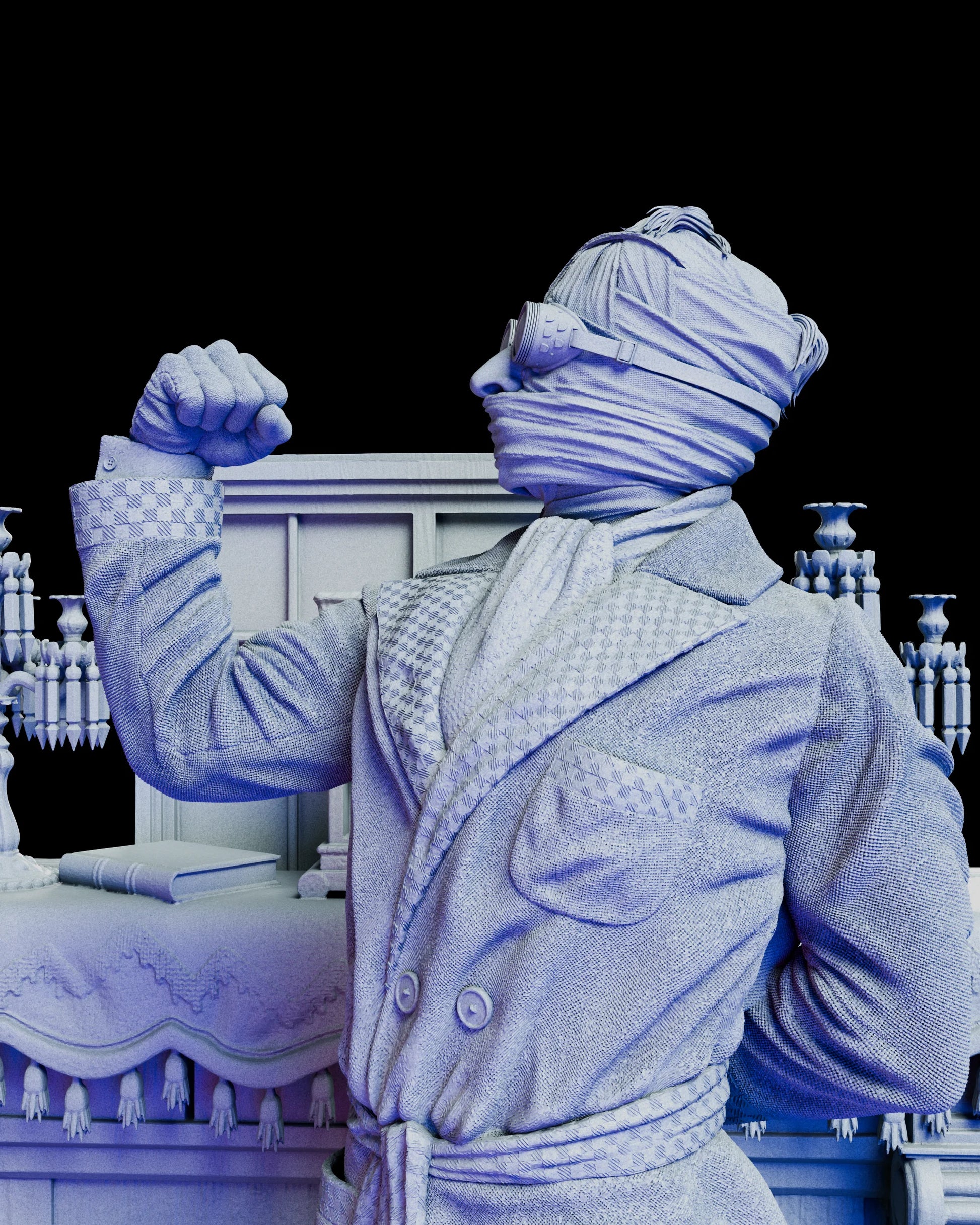 Close-up head option of The Invisible Man wrapped in bandages with goggles and textured fabric detail