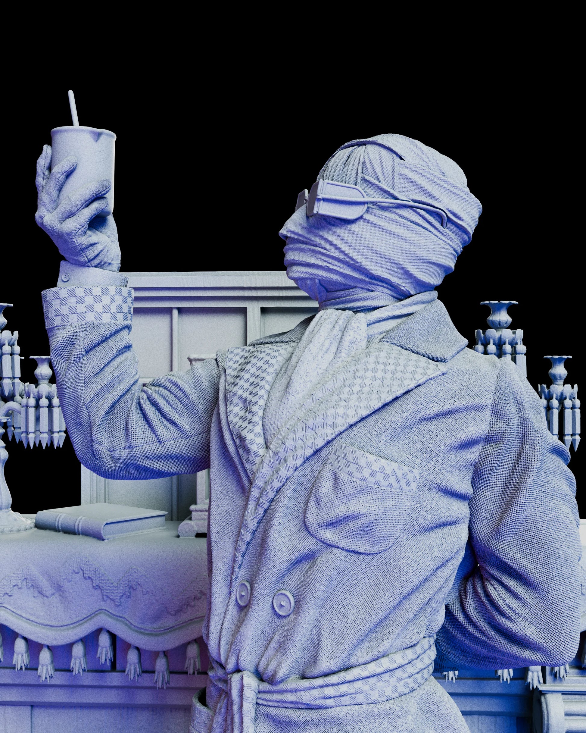 Close-up head option of The Invisible Man with bandages and glasses, holding a drink in hand
