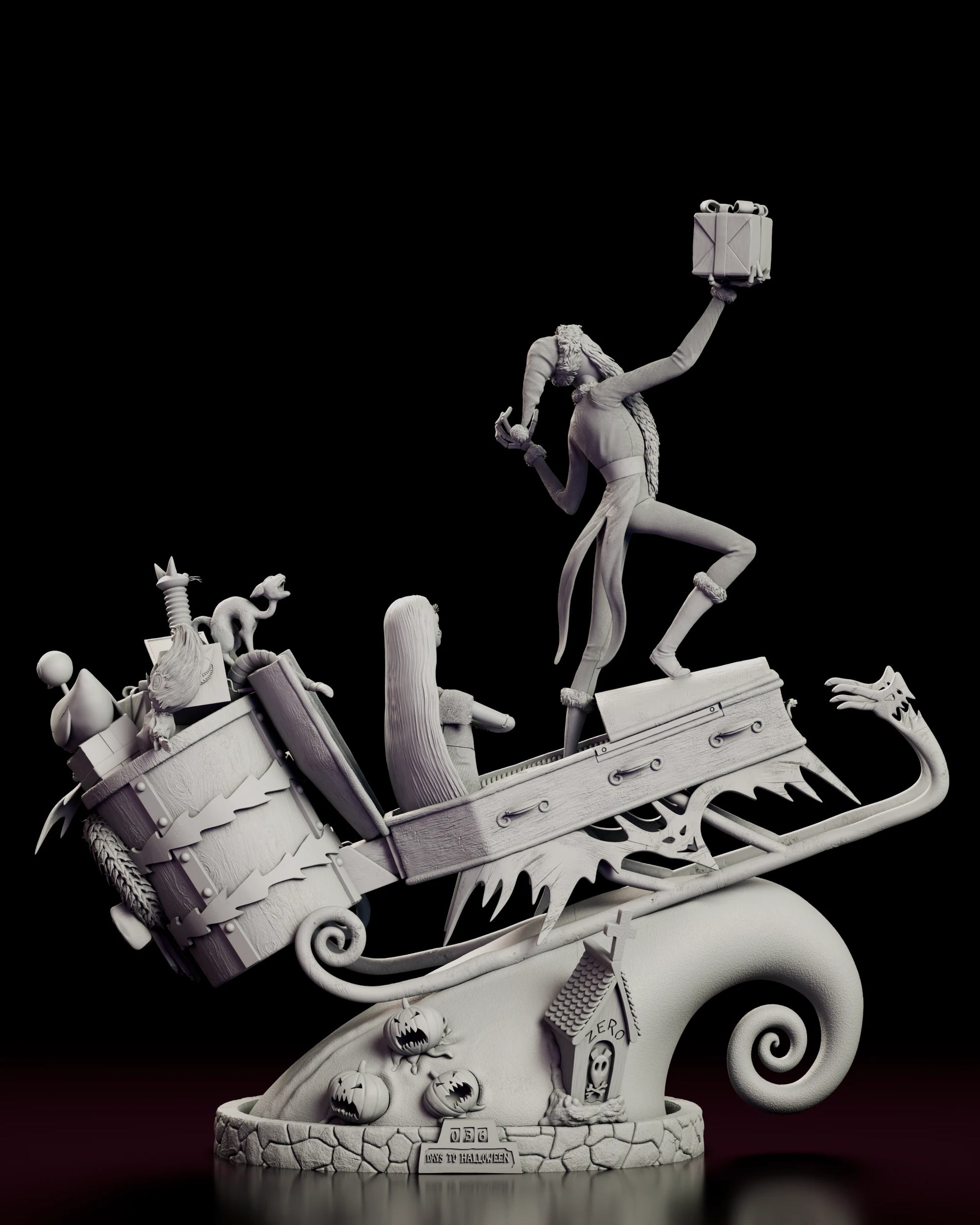 Rear view of the Jack and Sally figure model kit showing the packed toy crate and the back of the coffin sleigh above the cobblestone base