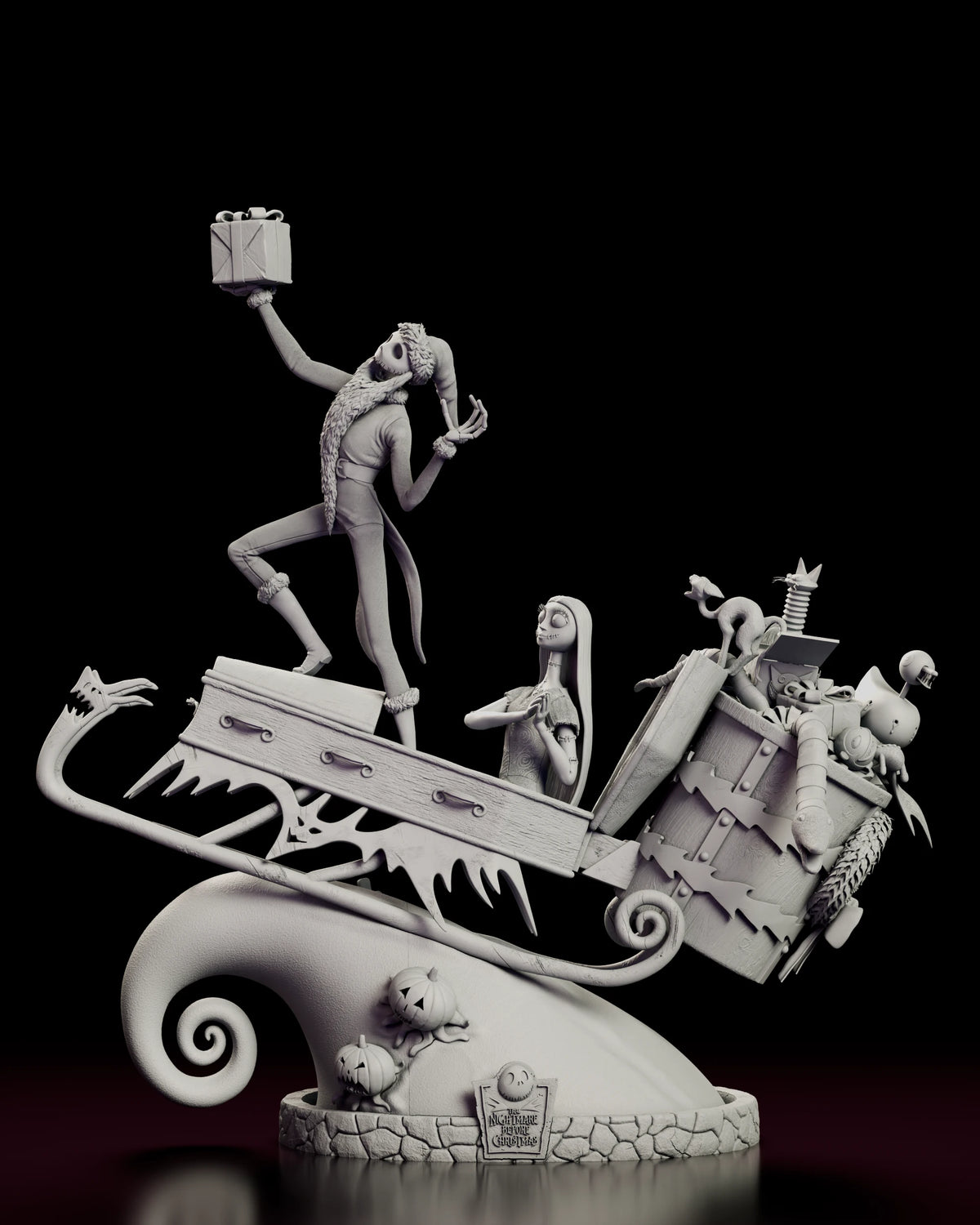 Front view of the Jack and Sally figure model kit with Jack striding along the coffin sleigh and Sally looking up at him from the seat
