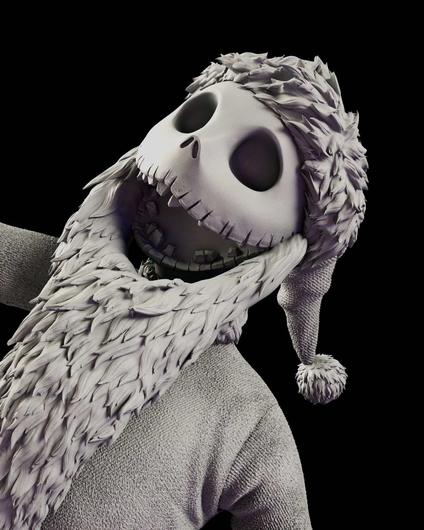 Portrait view of Jack Skellington on the figure model kit with his stitched grin open in a laugh beneath a fur trimmed cap