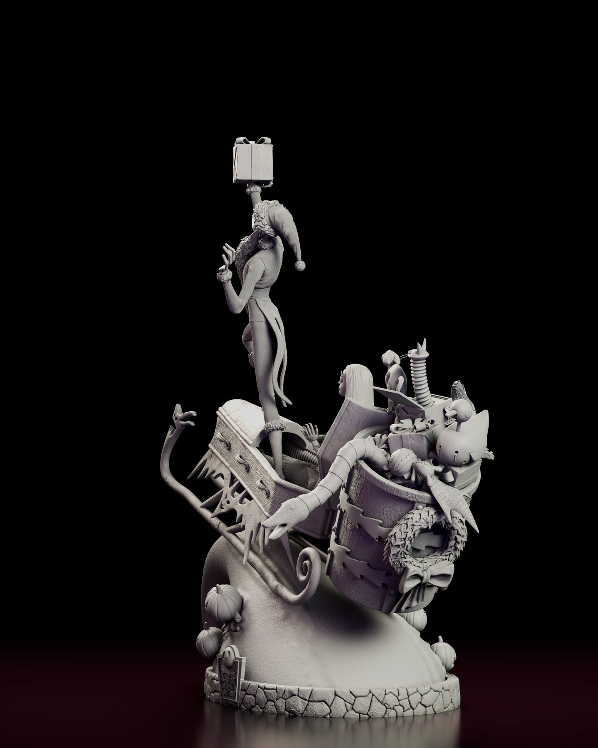 Left side view of the Jack and Sally figure model kit showing the skeletal reindeer head at the prow and the scrolled runners of the sleigh
