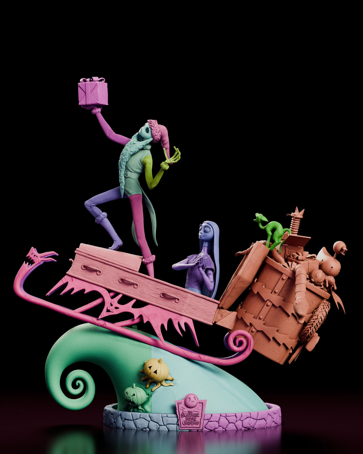Parts breakdown of the Jack and Sally figure model kit with each component shown in a separate colour for assembly