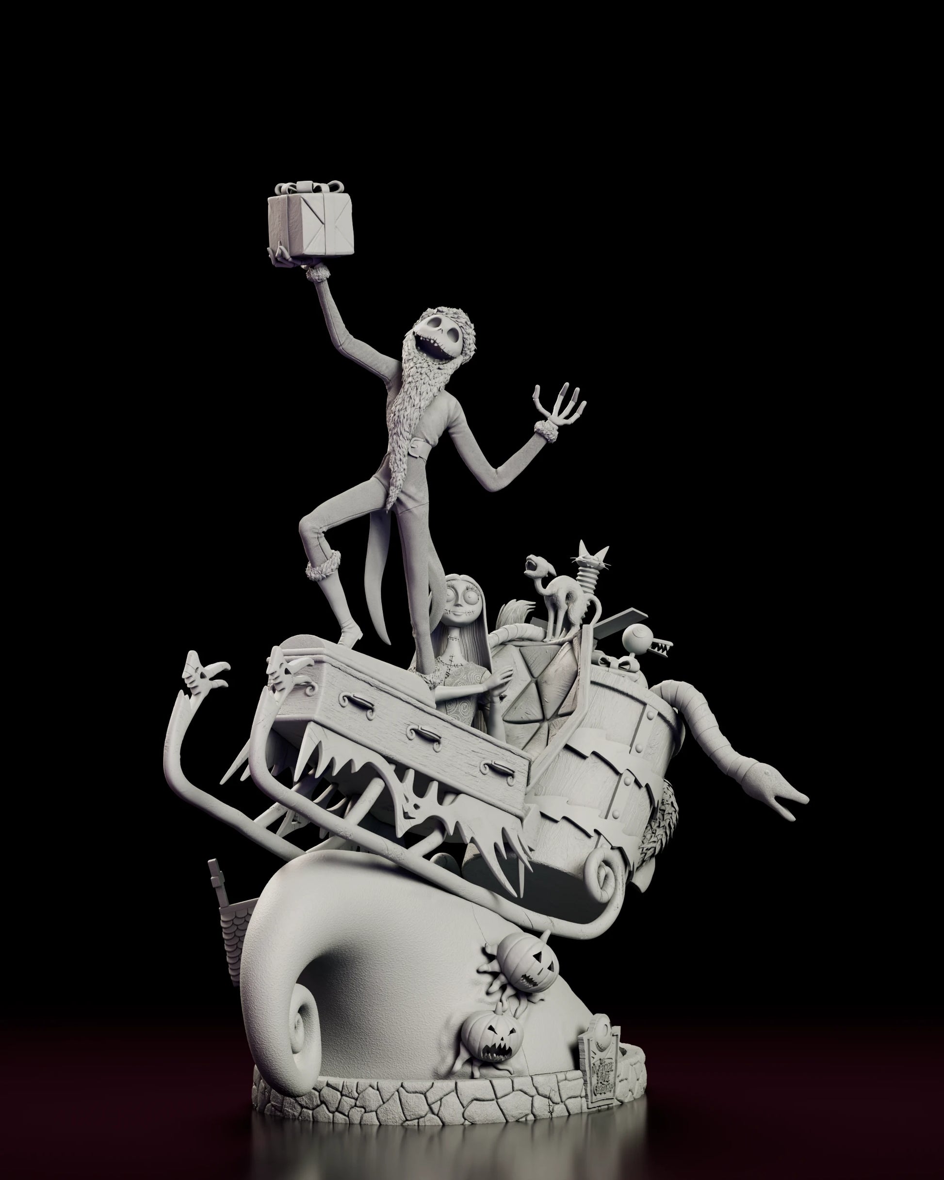 Right side view of the Jack and Sally figure model kit showing the length of the sleigh and the curl of the snow hill beneath it