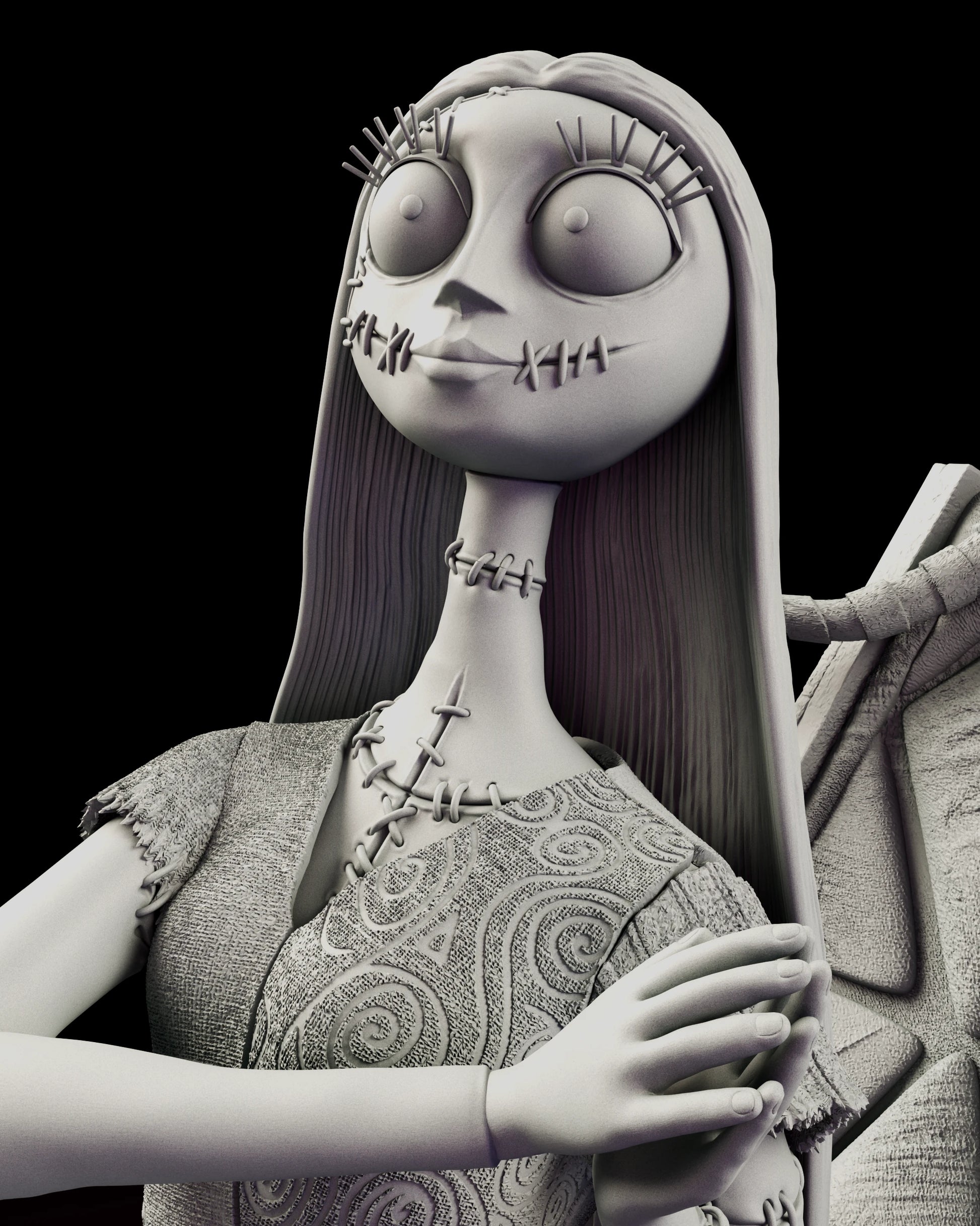 Portrait view of Sally on the figure model kit showing the stitched seams across her face and the spiral pattern raised on her patchwork dress