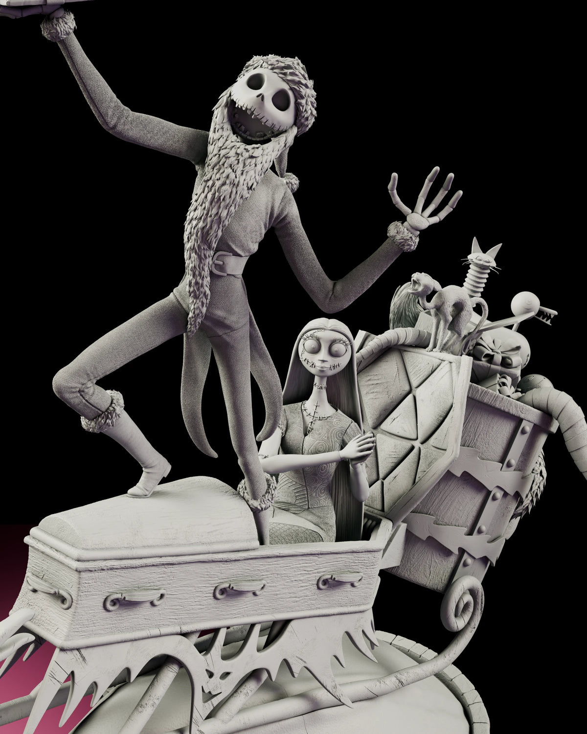 Close detail of the Jack and Sally figure model kit showing Jack in his fur trimmed coat above Sally in the coffin sleigh with toys spilling from the crate behind them