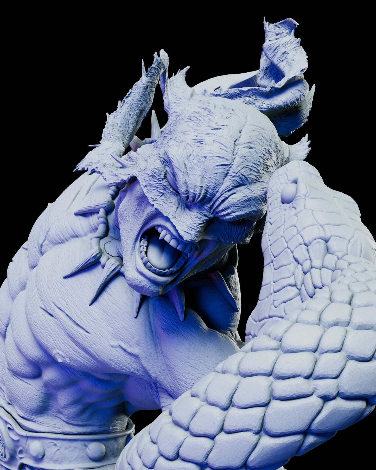 Close up of The Jaguar God roaring as the serpent confronts him face to face
