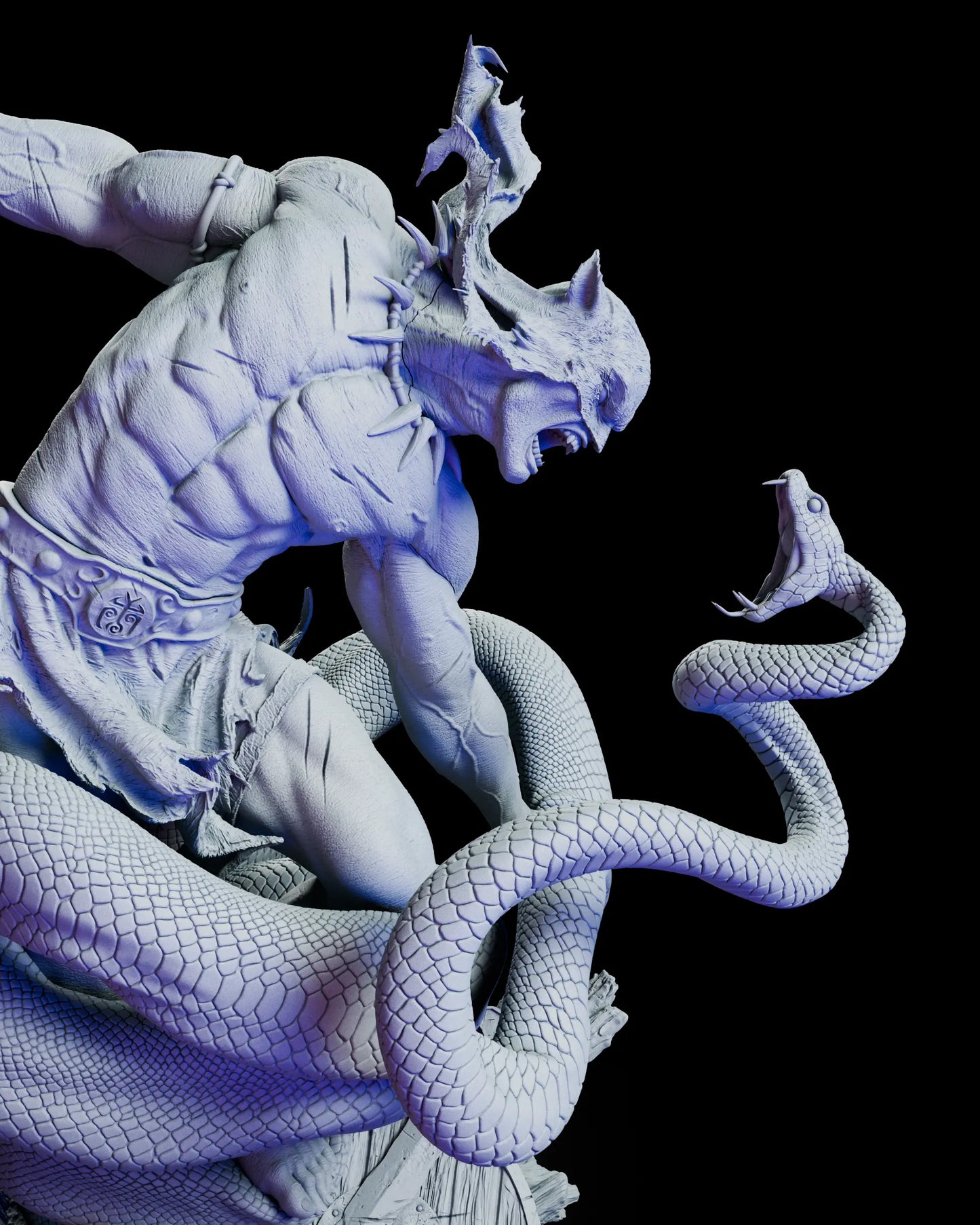 Dynamic perspective view emphasizing motion between serpent coils and the poised axe strike
