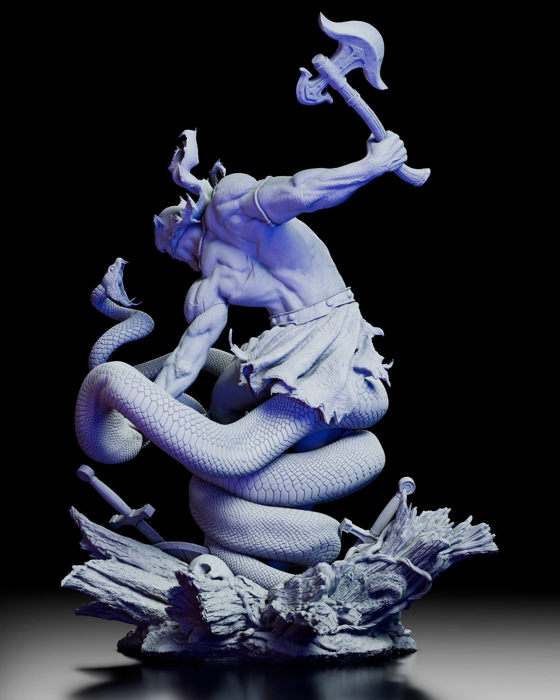 Rear view showing muscular anatomy and serpent coils wrapped around the jaguar headed war deity
