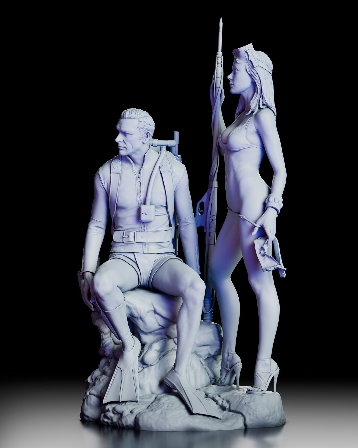 Left side view of the James Bond Thunderball figure model kit showing Bond seated on rockwork with flippers and the Bond girl standing with underwater gear