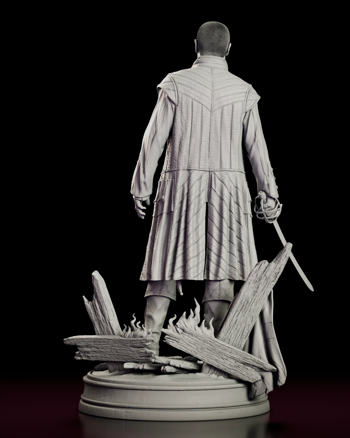 Rear view of the James Flint figure model kit showing the pleated skirts and topstitched panels of the coat, the shoulder mantle and the splintered spars rising from the base