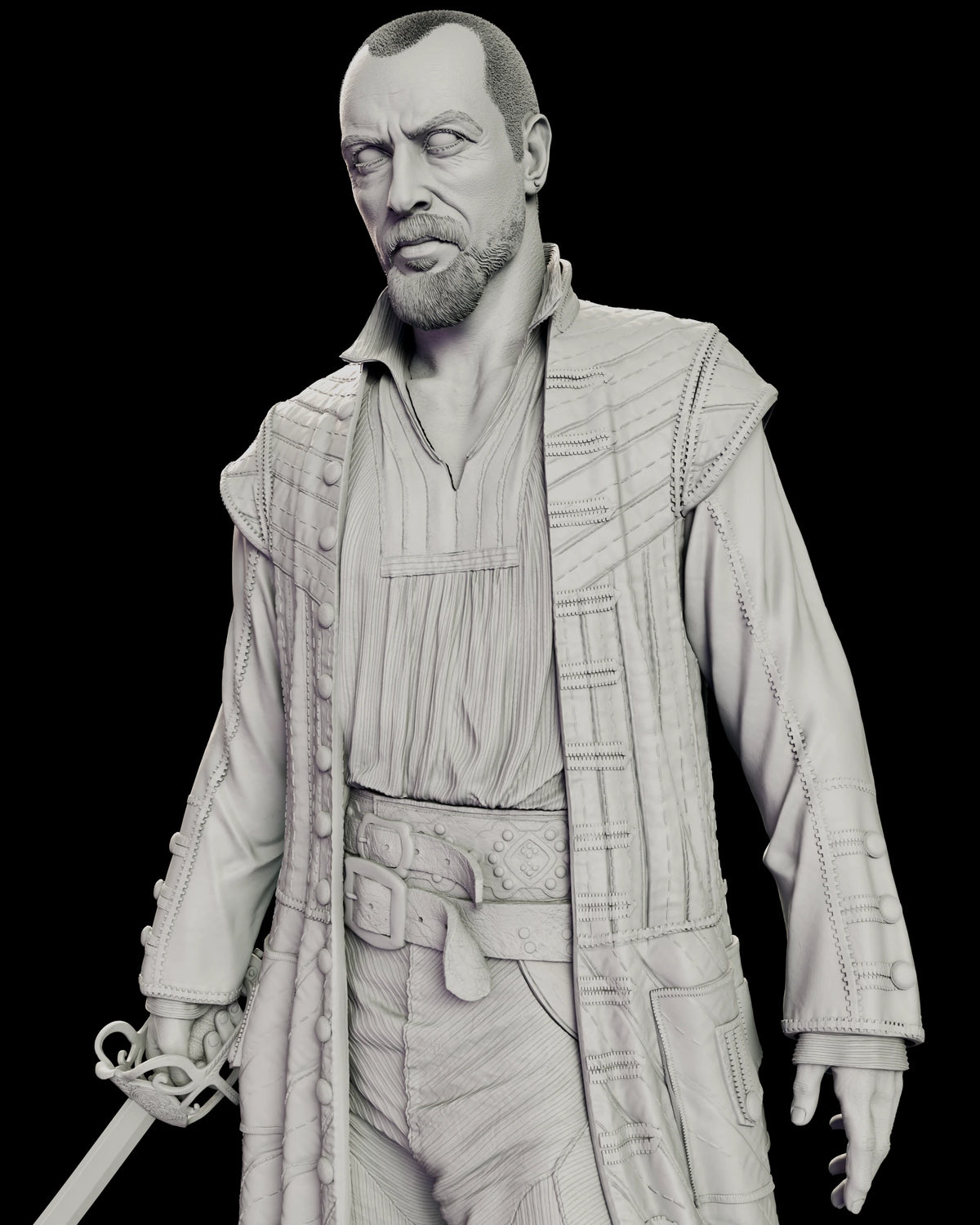 Upper body detail of the James Flint figure model kit showing the shoulder mantle, the buttoned and topstitched coat, the open-necked shirt and the broad belt with its square buckle