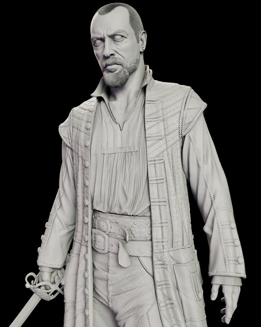 Upper body detail of the James Flint figure model kit showing the shoulder mantle, the buttoned and topstitched coat, the open-necked shirt and the broad belt with its square buckle