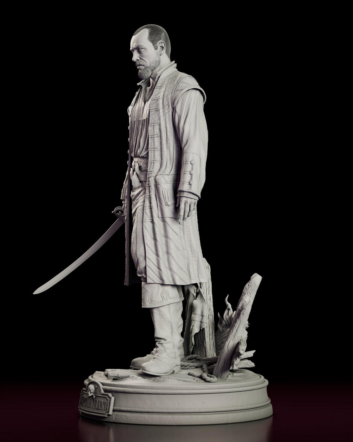Left side view of the James Flint figure model kit showing the curved blade extended forward, the flap pocket on the coat and the tall turned-down boots