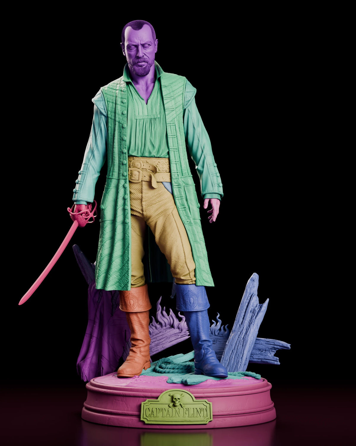 Parts breakdown of the James Flint figure model kit showing the separate head, coat, arms, sword, breeches, boots and the wrecked base with its planks, rope and flames