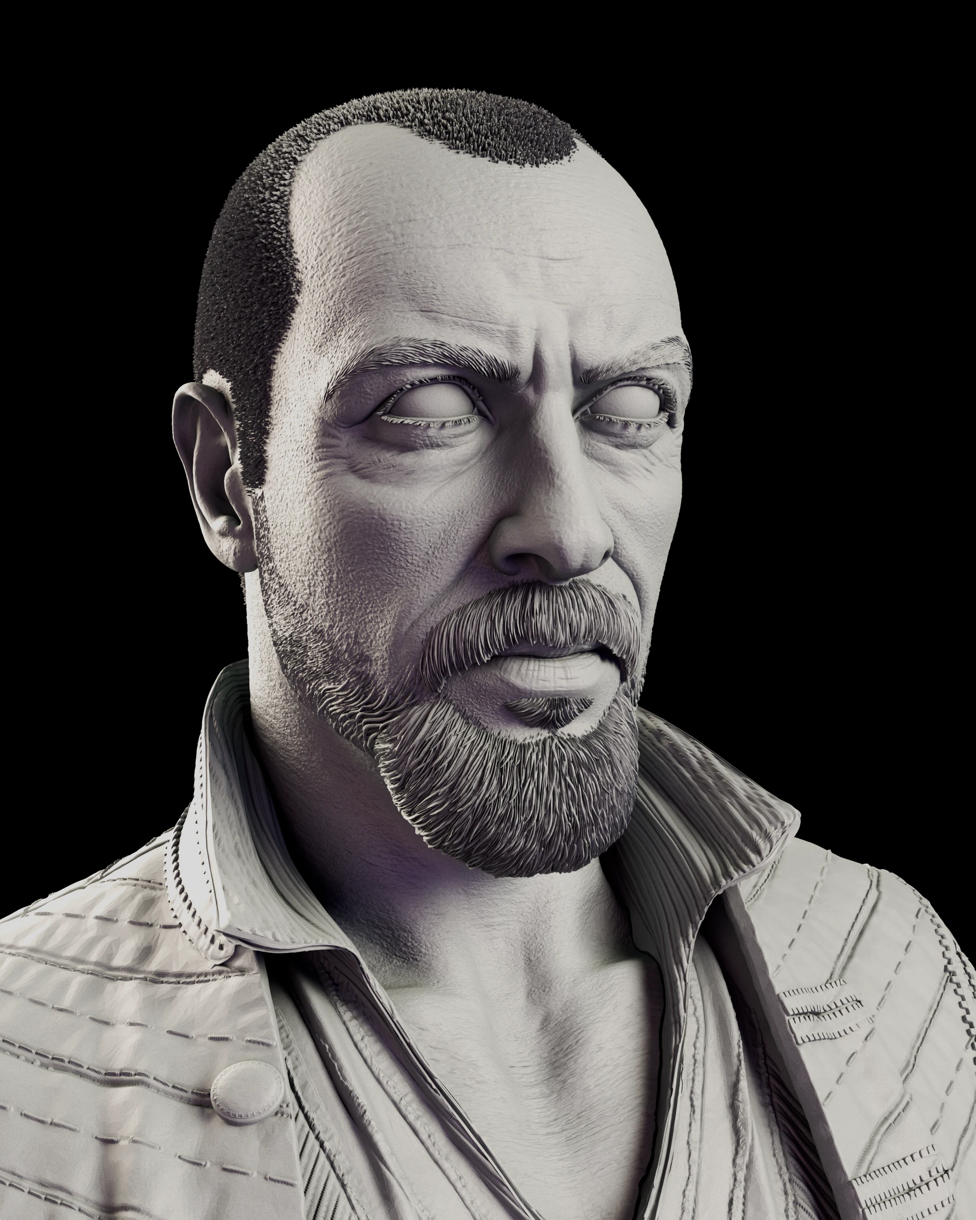 Close portrait of the James Flint figure model kit showing the close-cropped receding hair, furrowed brow, moustache and full beard above an open collar
