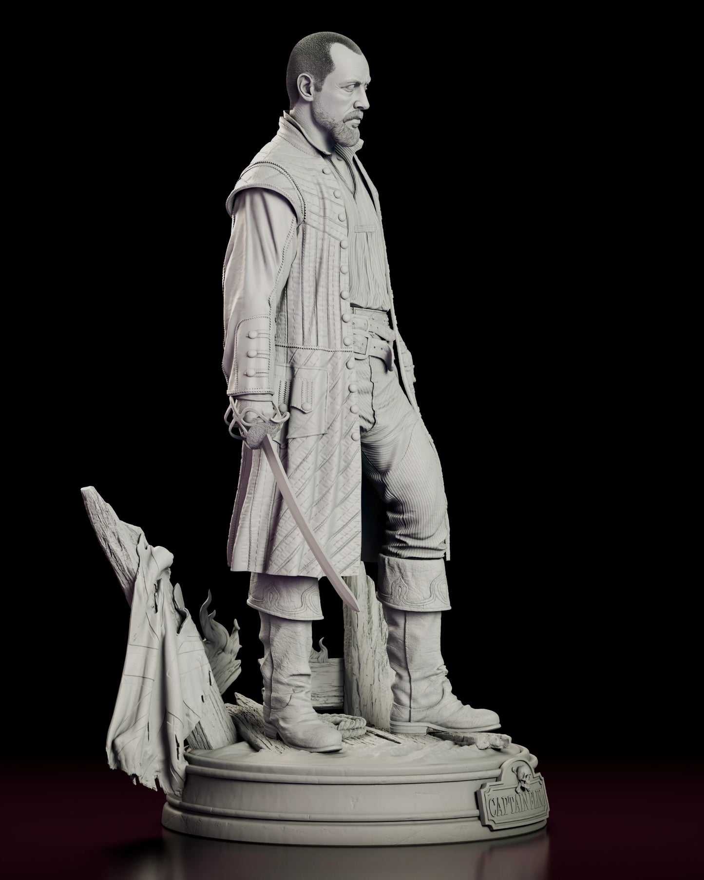 Right side view of the James Flint figure model kit showing the full length of the coat, the buttoned cuff and the torn sail draped across the wreckage behind him