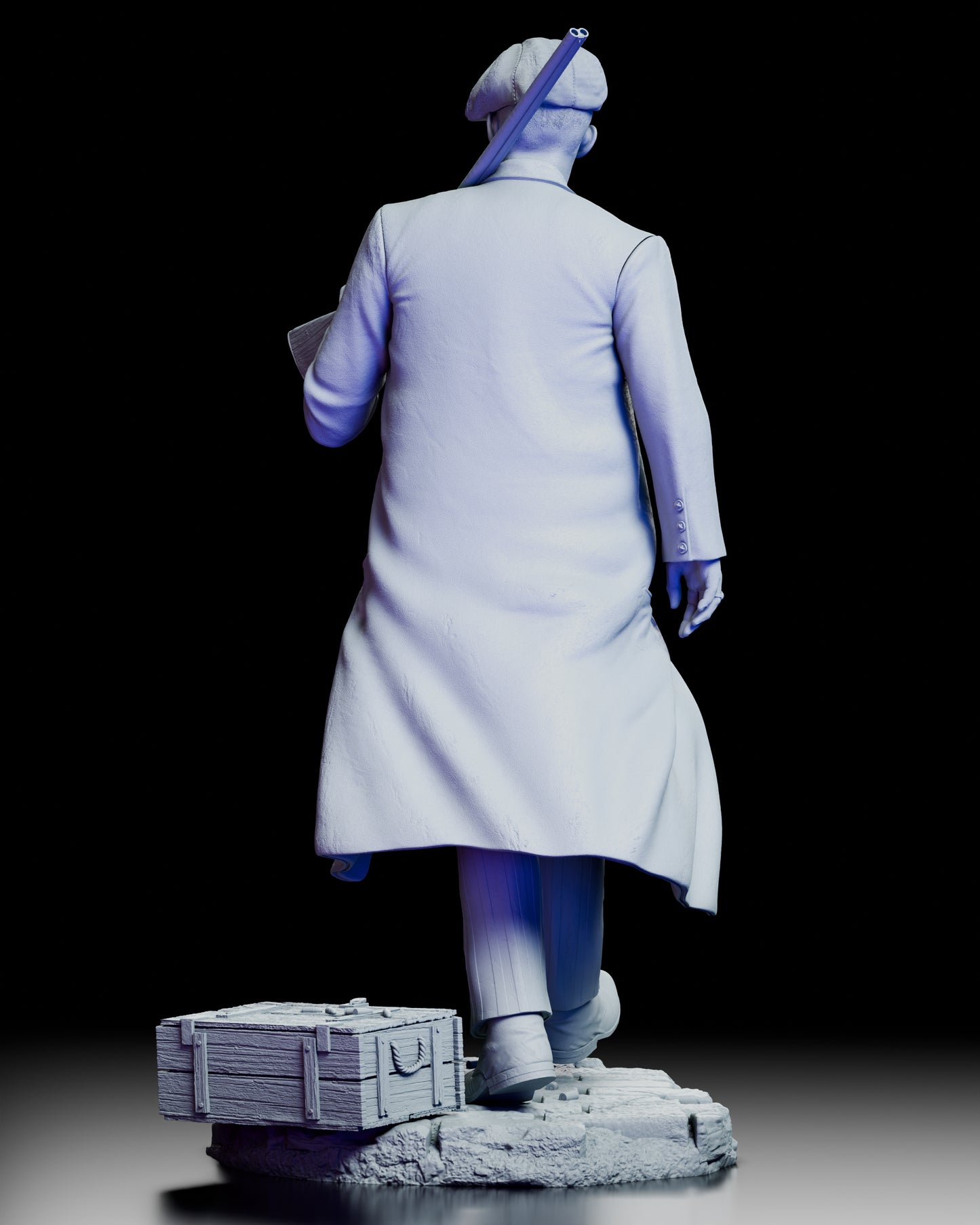 Rear view of John Shelby figure model kit showing flowing coat details and environmental base elements