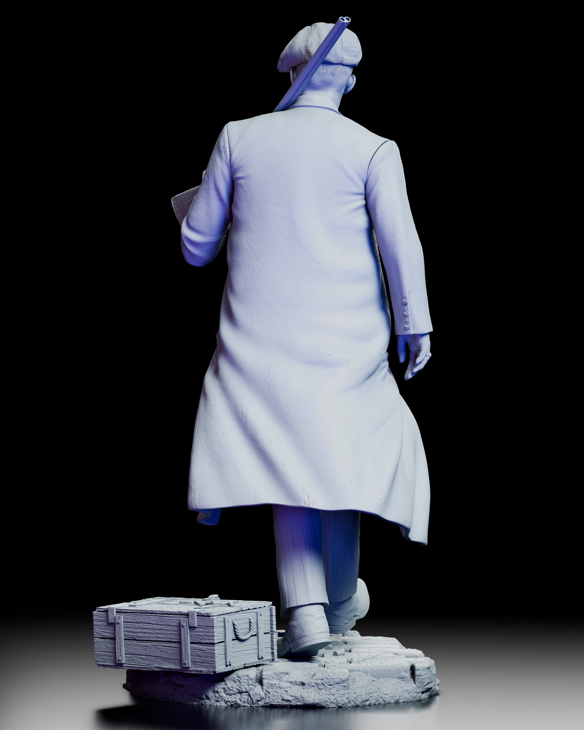 Rear view of John Shelby figure model kit showing flowing coat details and environmental base elements