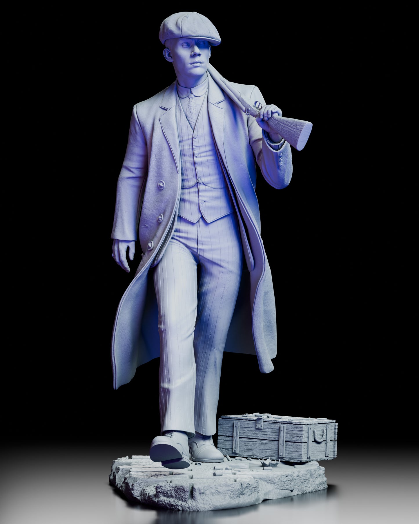 Front view of John Shelby Peaky Blinders figure model kit walking forward with shotgun over shoulder on textured base