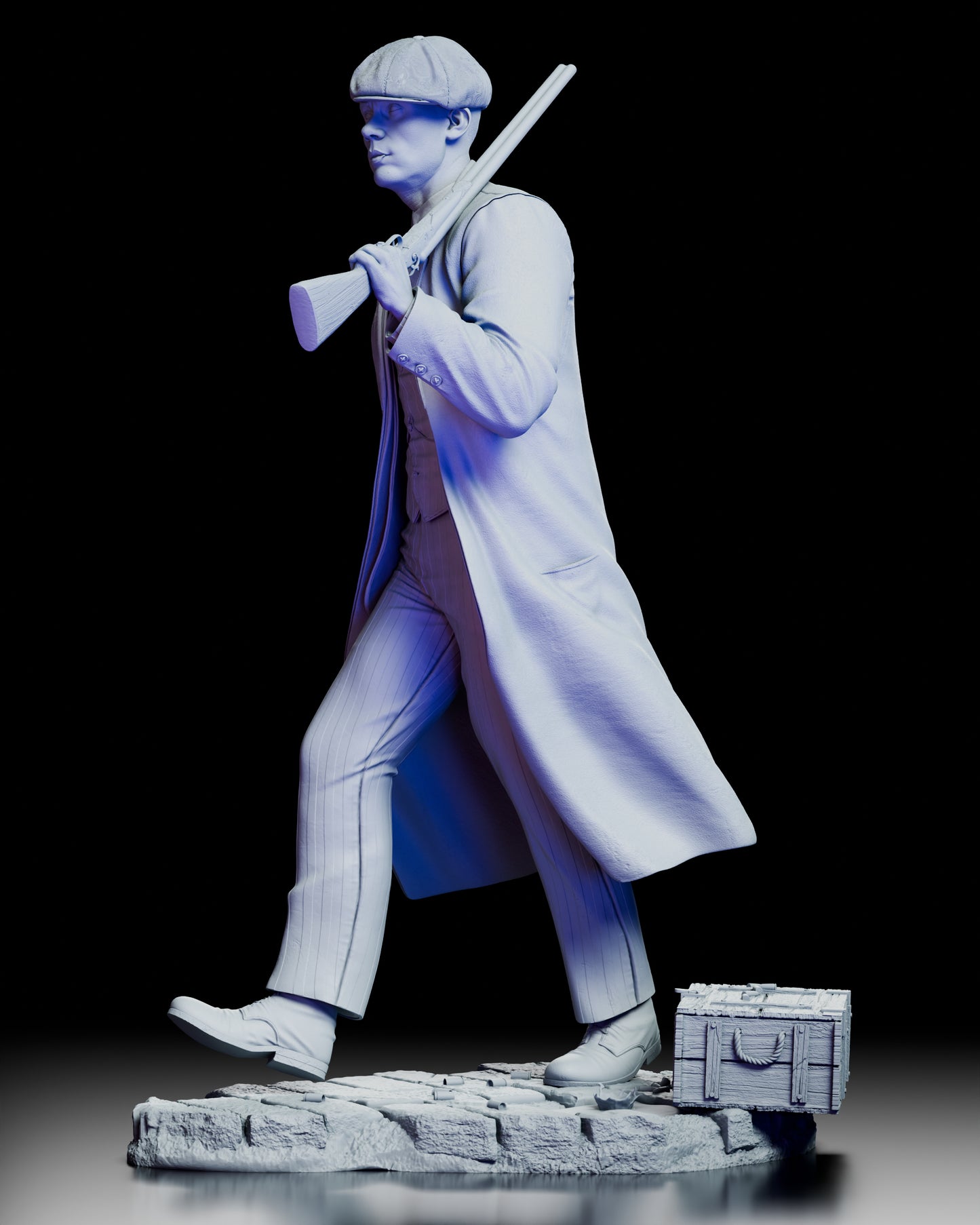 Left profile view of John Shelby figure highlighting dynamic walking pose and period clothing textures