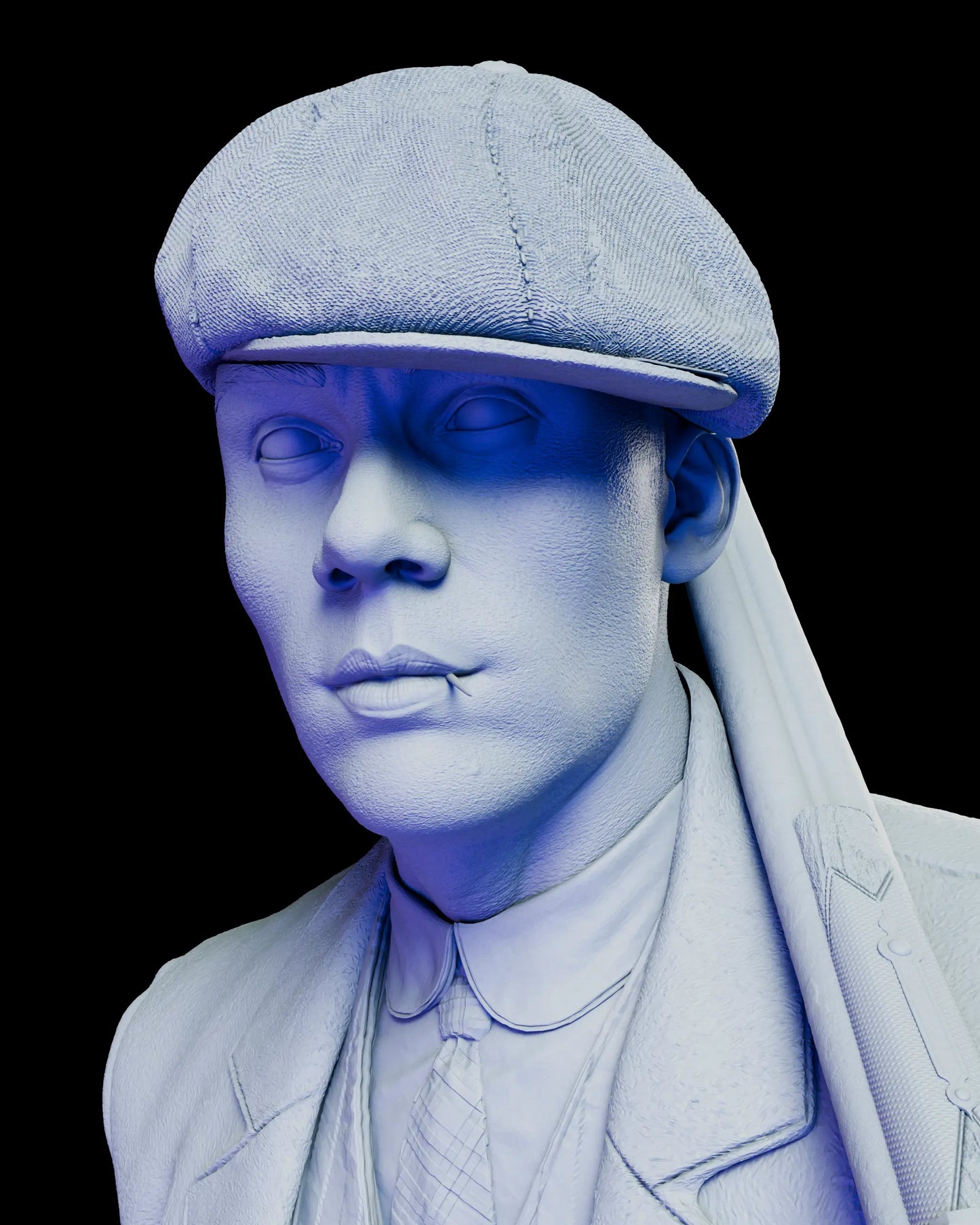 Close-up portrait of John Shelby figure model kit with flat cap and overcoat, toothpick held at the lips, displaying sharp facial features and tailored garment detail