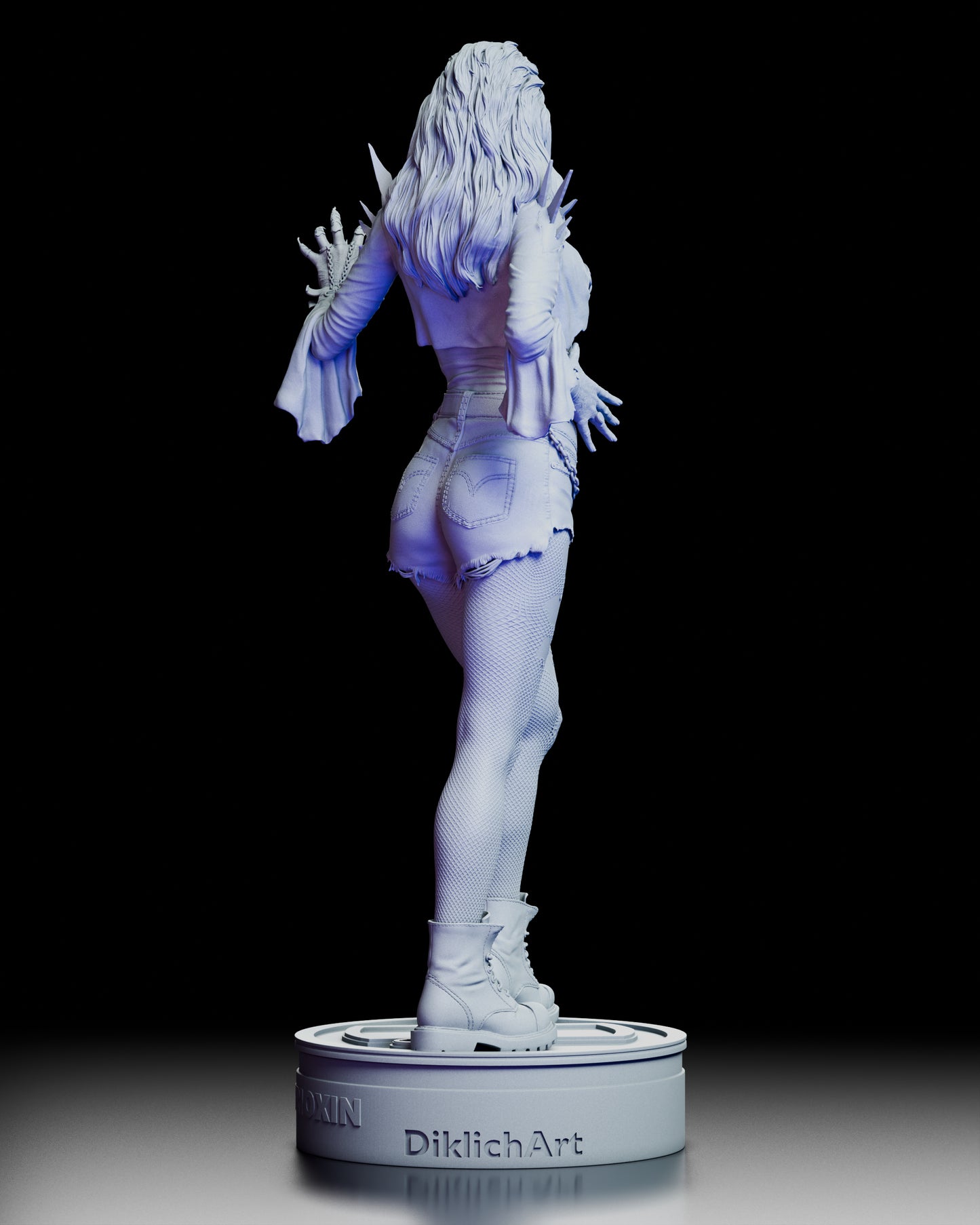 Rear view of the Julie Walker maquette showing sculpted hair, torn clothing, and detailed textures on the boots and stockings.