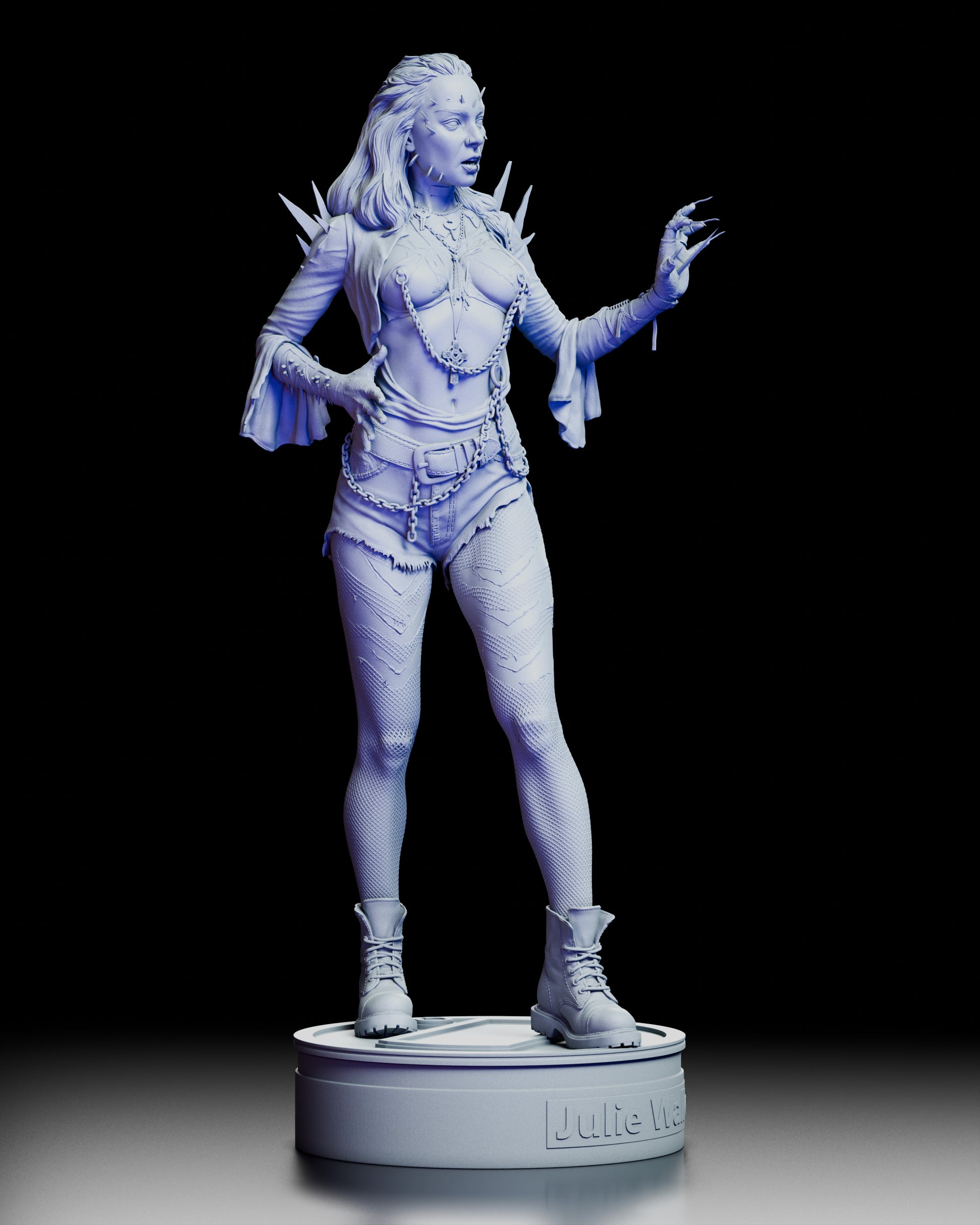 Right side view of the Julie Walker maquette showcasing her chains, torn fabric, boots, and dynamic stance.