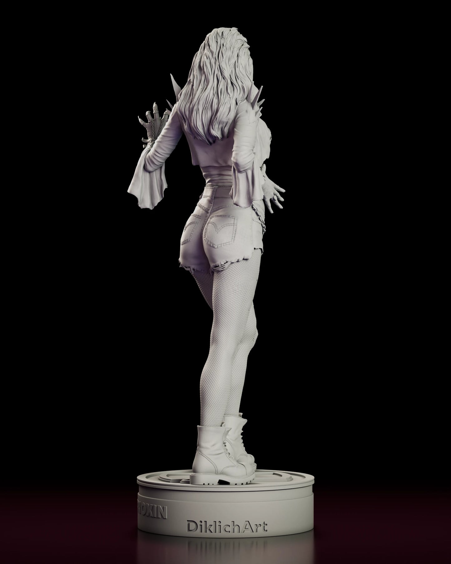 Rear view of the Julie Walker figure model kit showing the frayed cut-off denim, the long fall of hair and the Trioxin drum lid she stands on