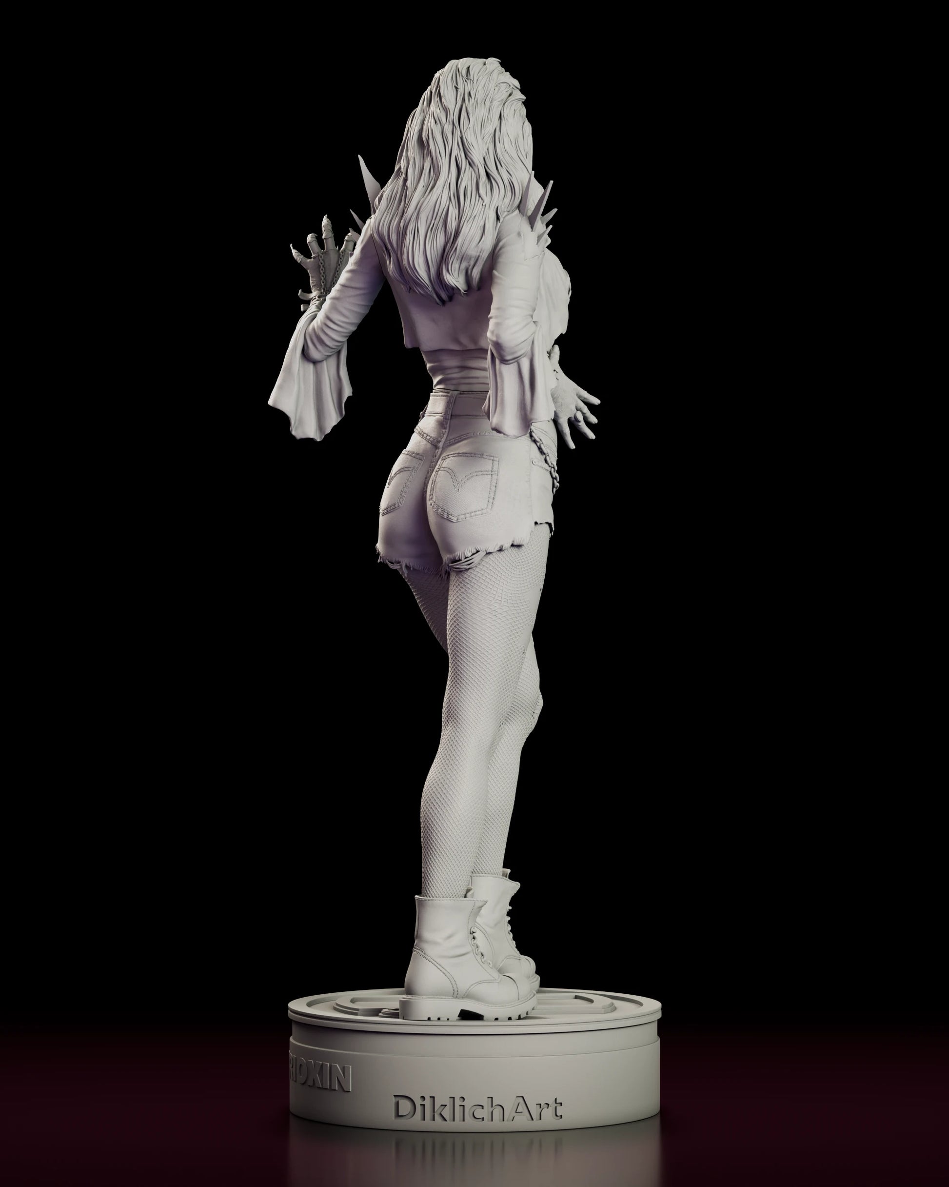 Rear view of the Julie Walker figure model kit showing the frayed cut-off denim, the long fall of hair and the Trioxin drum lid she stands on