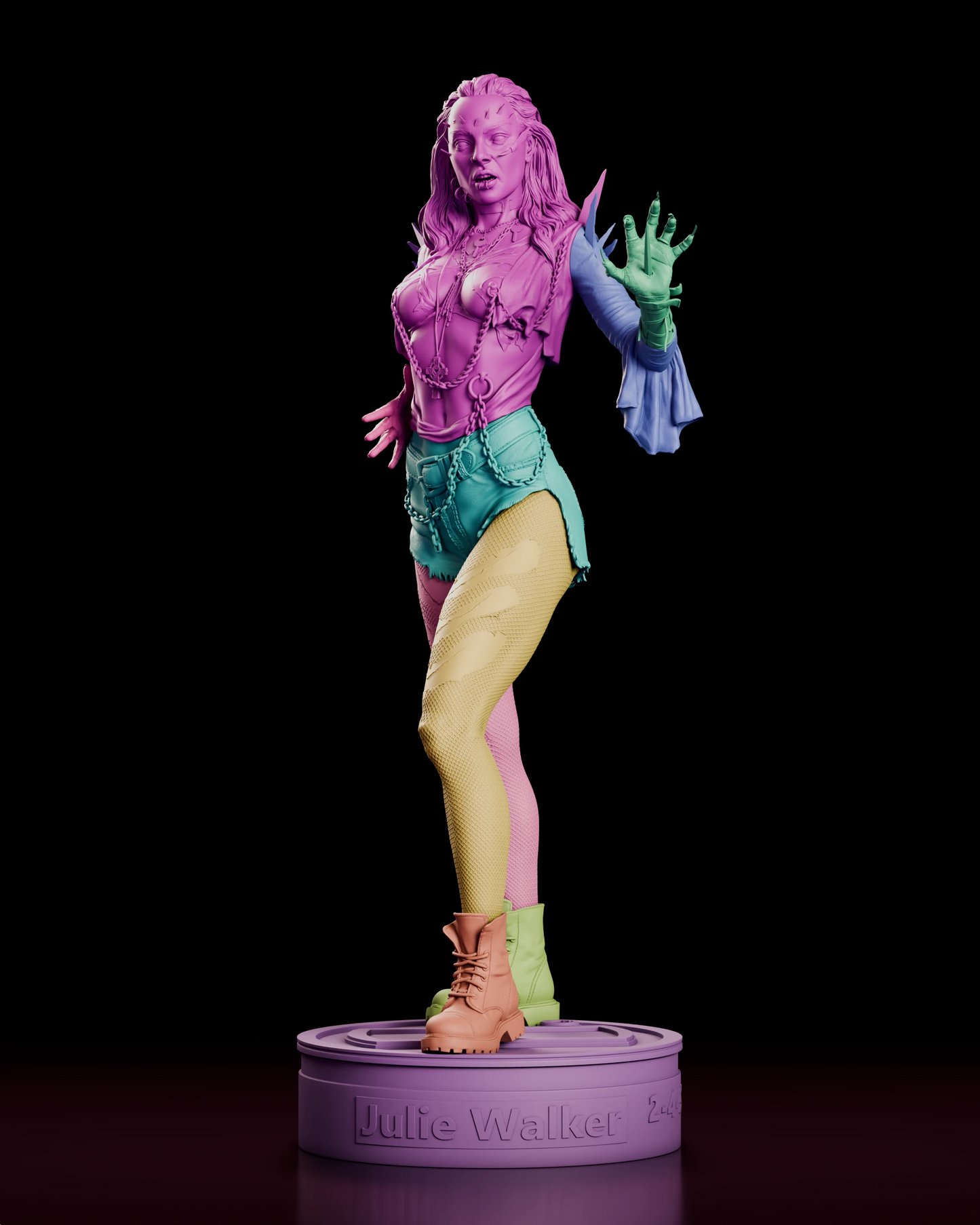Parts breakdown of the Julie Walker figure model kit with each component shown in a separate color, including head, torso, arms, legs, glass shards, chains and drum lid base